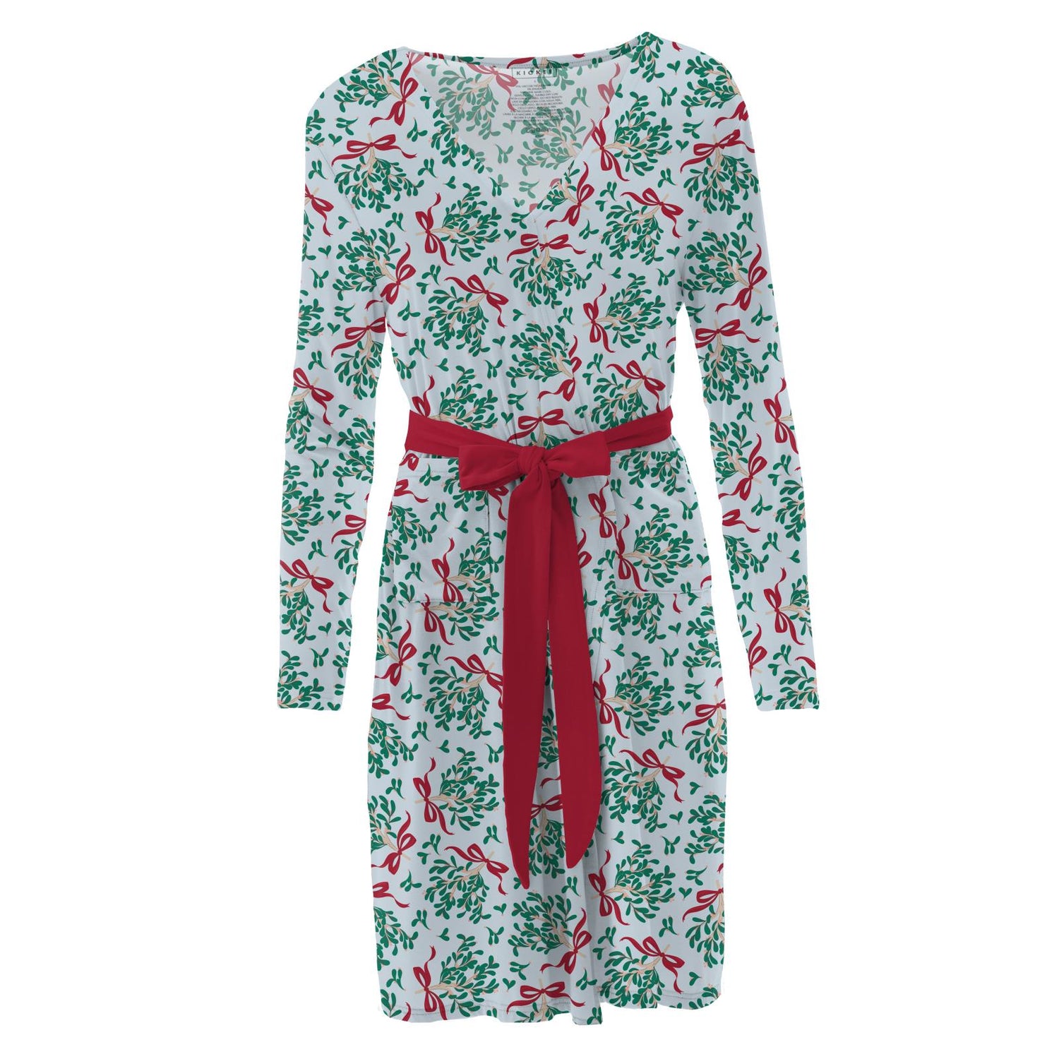 Women's Print Mid Length Lounge Robe in Illusion Blue Mistletoe & Ribbons