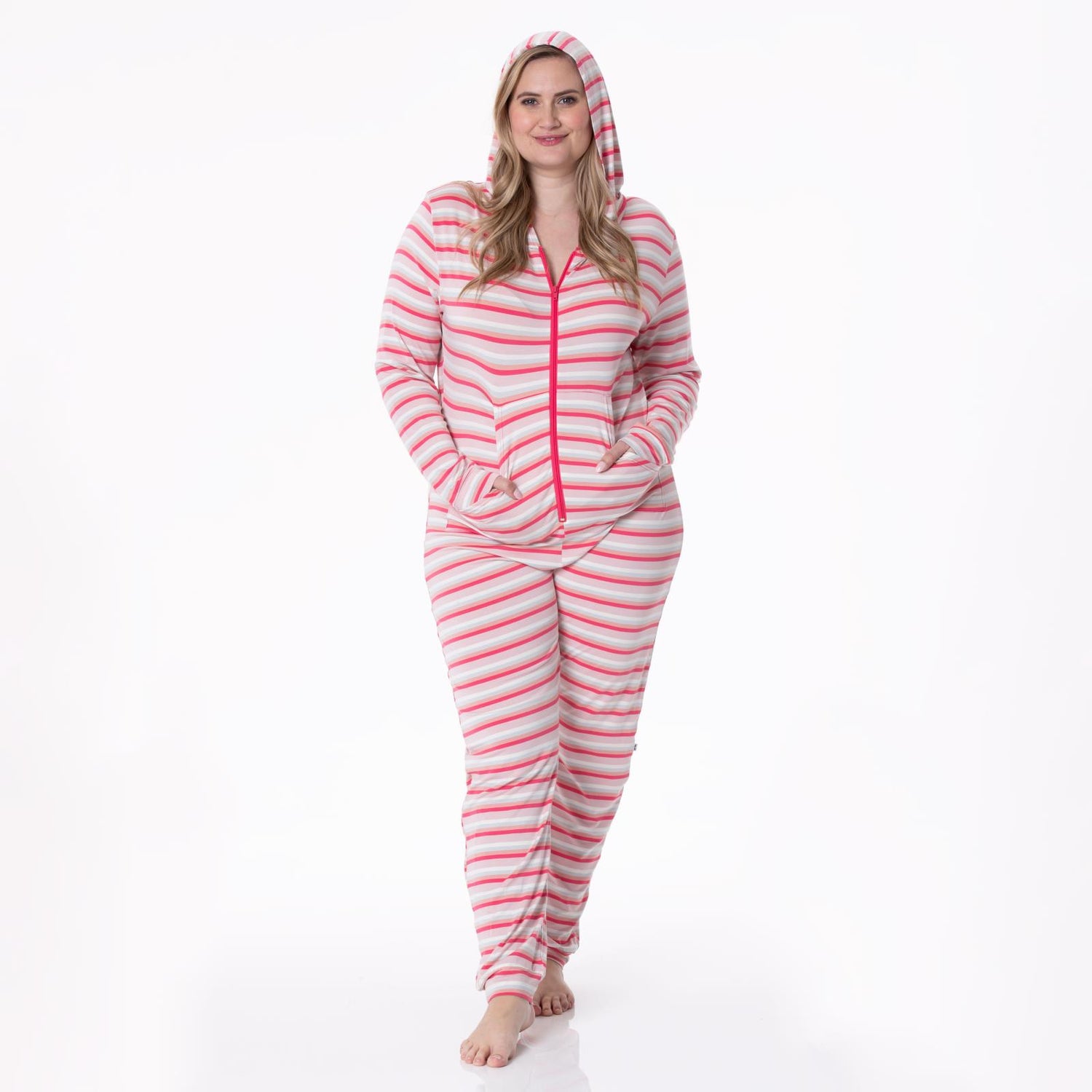 Women's Print Long Sleeve Jumpsuit with Hood in Baby Rose Stripe