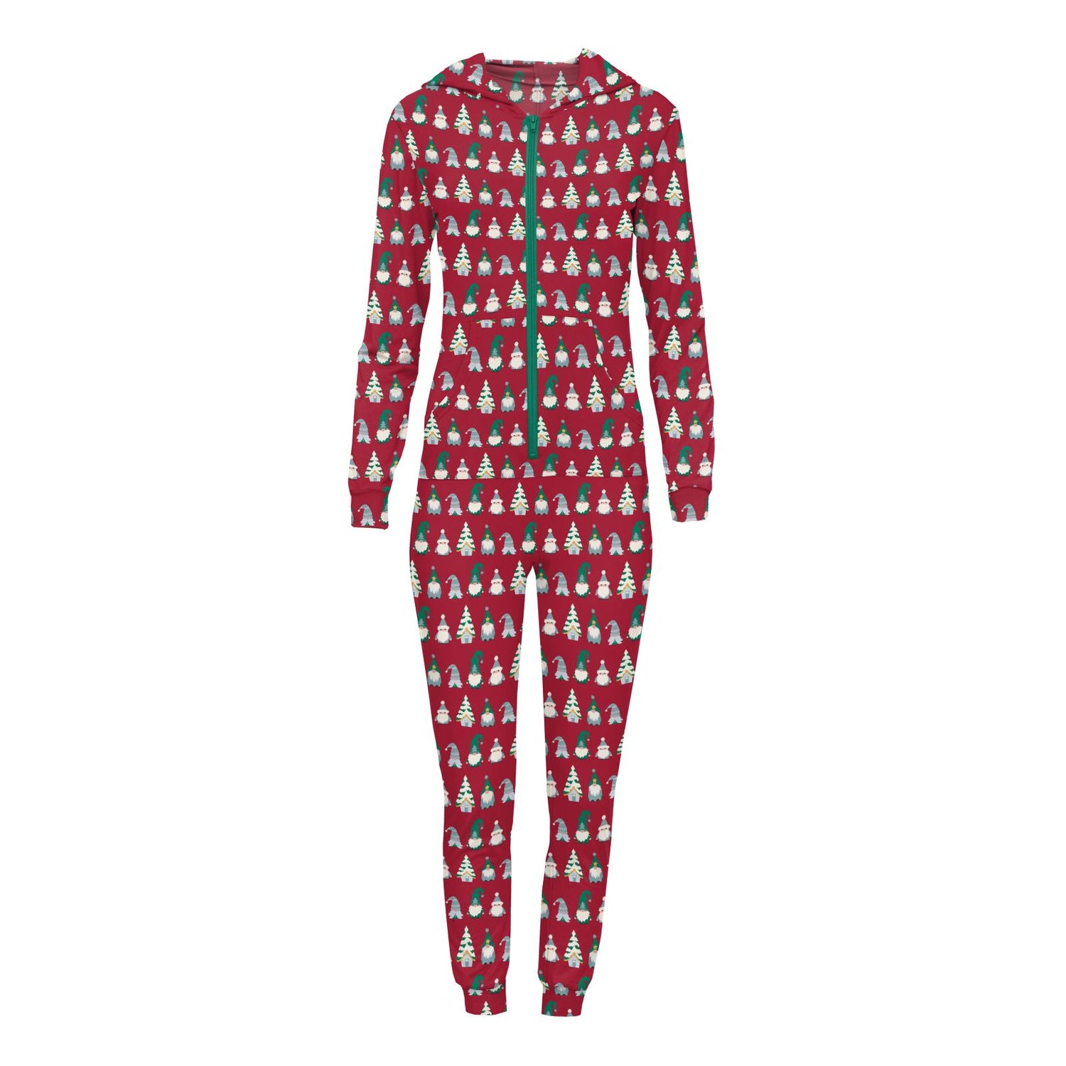 Women's Print Long Sleeve Jumpsuit with Hood in Crimson Gnomes
