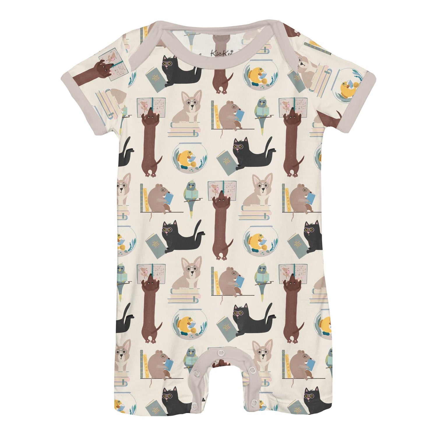 Print Short Sleeve Beau Romper in Natural Books & Pets (317931)