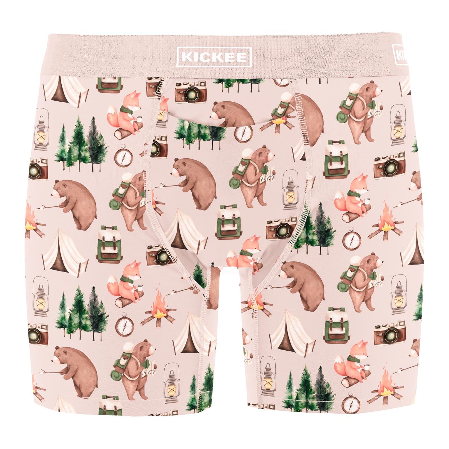 Men's Print Mid-Length Boxer Brief with Top Fly in Latte Camping Animals (320418)