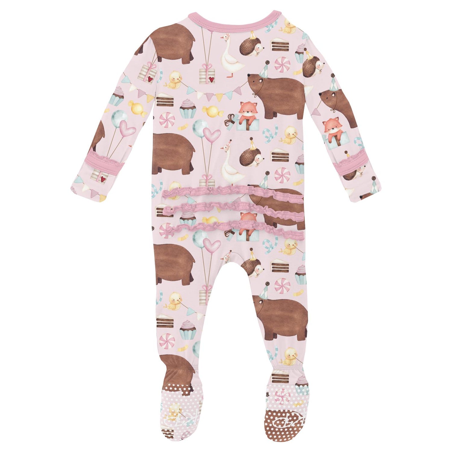 Print Muffin Ruffle Footie with 2 Way Zipper in Shrinking Violet Forest Party
