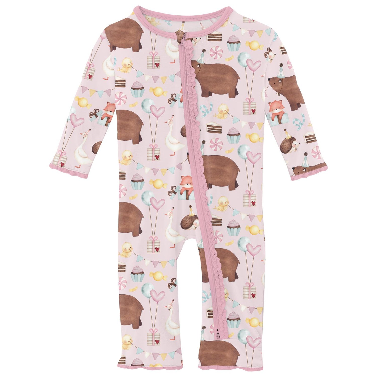 Print Muffin Ruffle Coverall with 2 Way Zipper in Shrinking Violet Forest Party (320569)