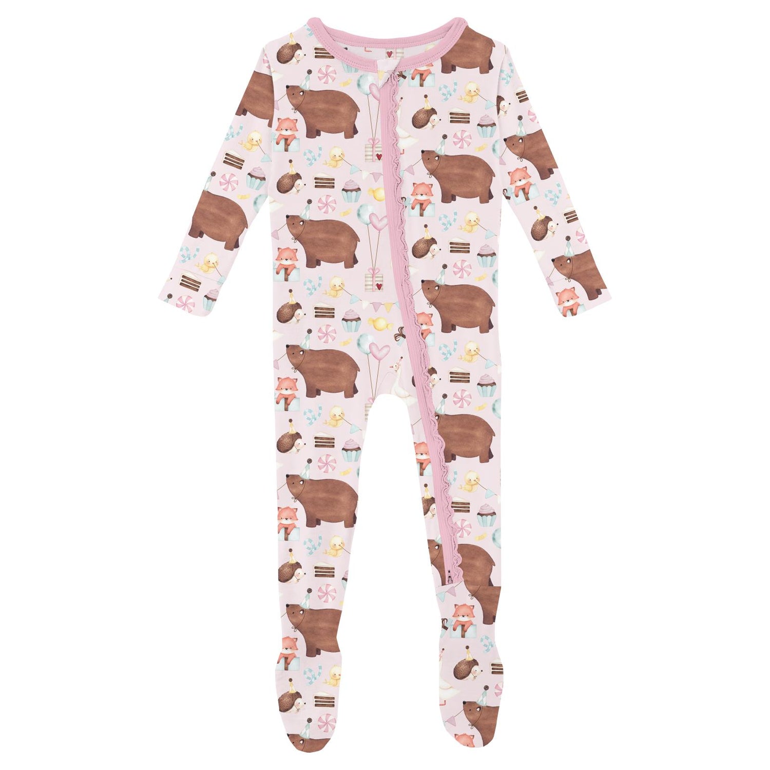 Print Muffin Ruffle Footie with 2 Way Zipper in Shrinking Violet Forest Party (320650)