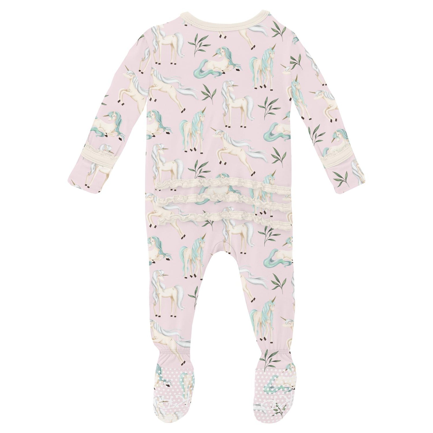 Print Muffin Ruffle Footie with 2 Way Zipper in Shrinking Violet Sleeping Unicorns