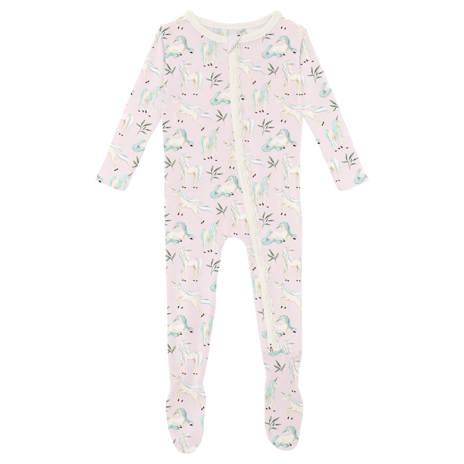 Print Muffin Ruffle Footie with 2 Way Zipper in Shrinking Violet Sleeping Unicorns (320700)