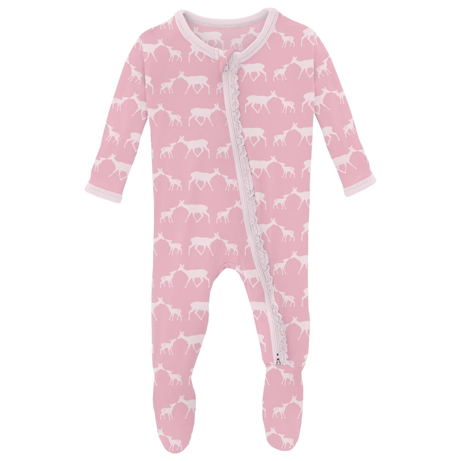 Print Muffin Ruffle Footie with 2 Way Zipper in Cake Pop Doe & Fawn