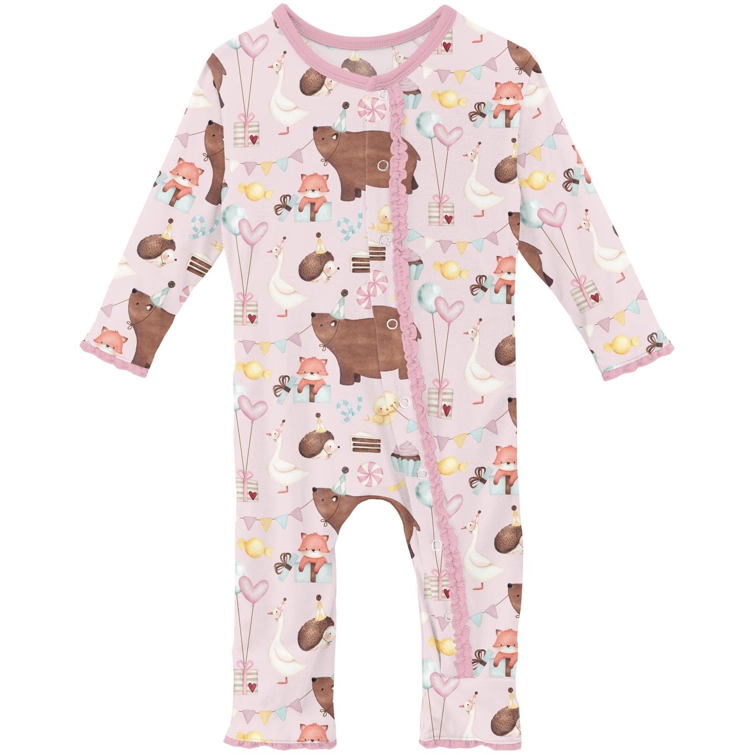 Print Muffin Ruffle Coverall with Snaps in Shrinking Violet Forest Party (320840)