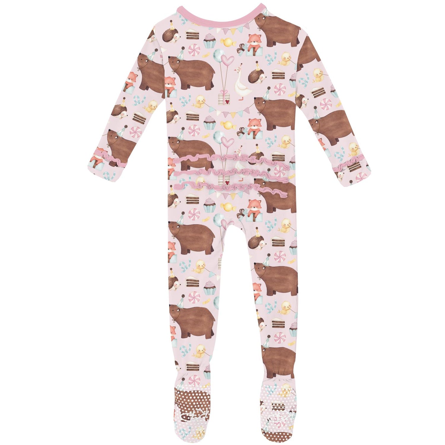 Print Muffin Ruffle Footie with 2 Way Zipper in Shrinking Violet Forest Party (320884)