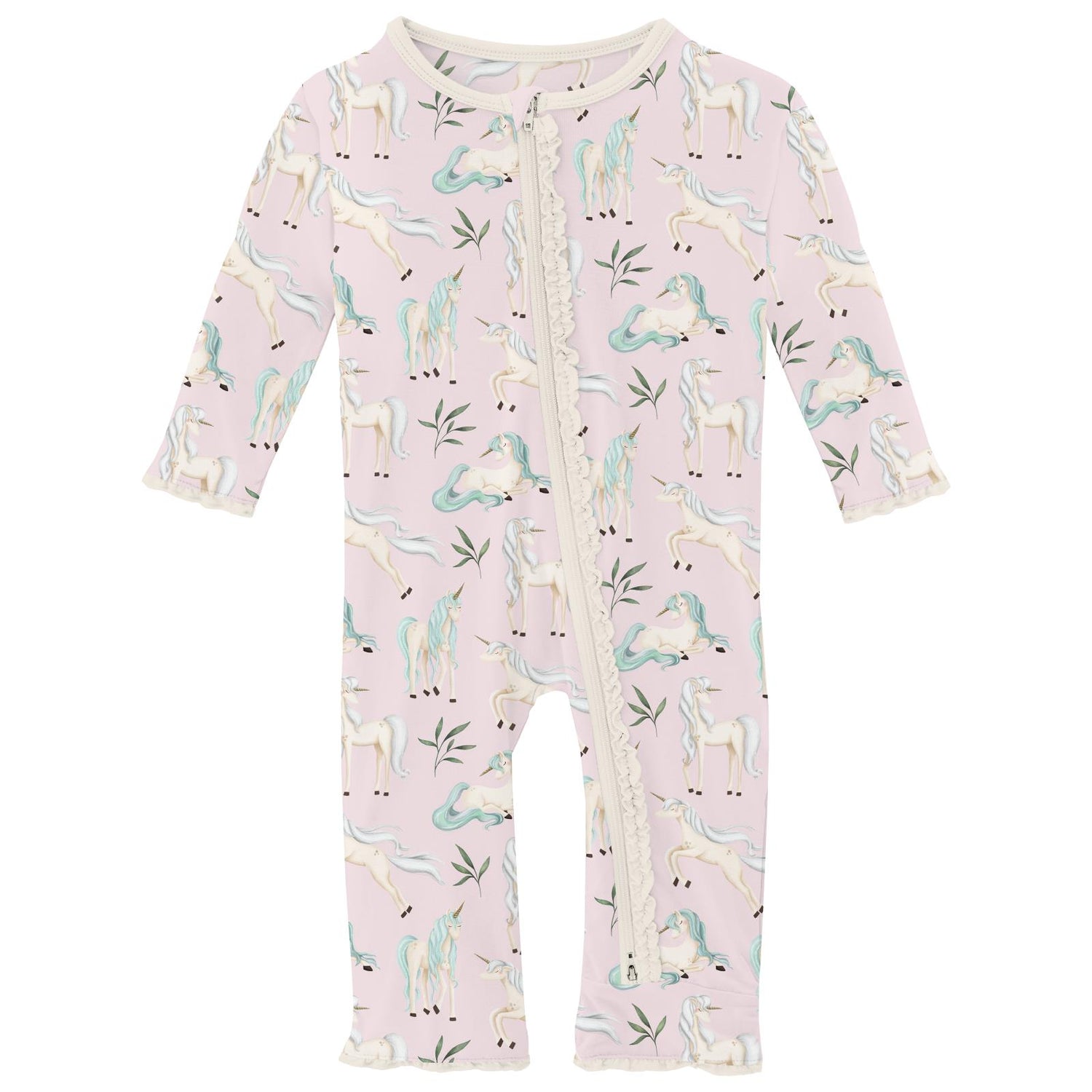 Print Muffin Ruffle Coverall with 2 Way Zipper in Shrinking Violet Sleeping Unicorns (320968)