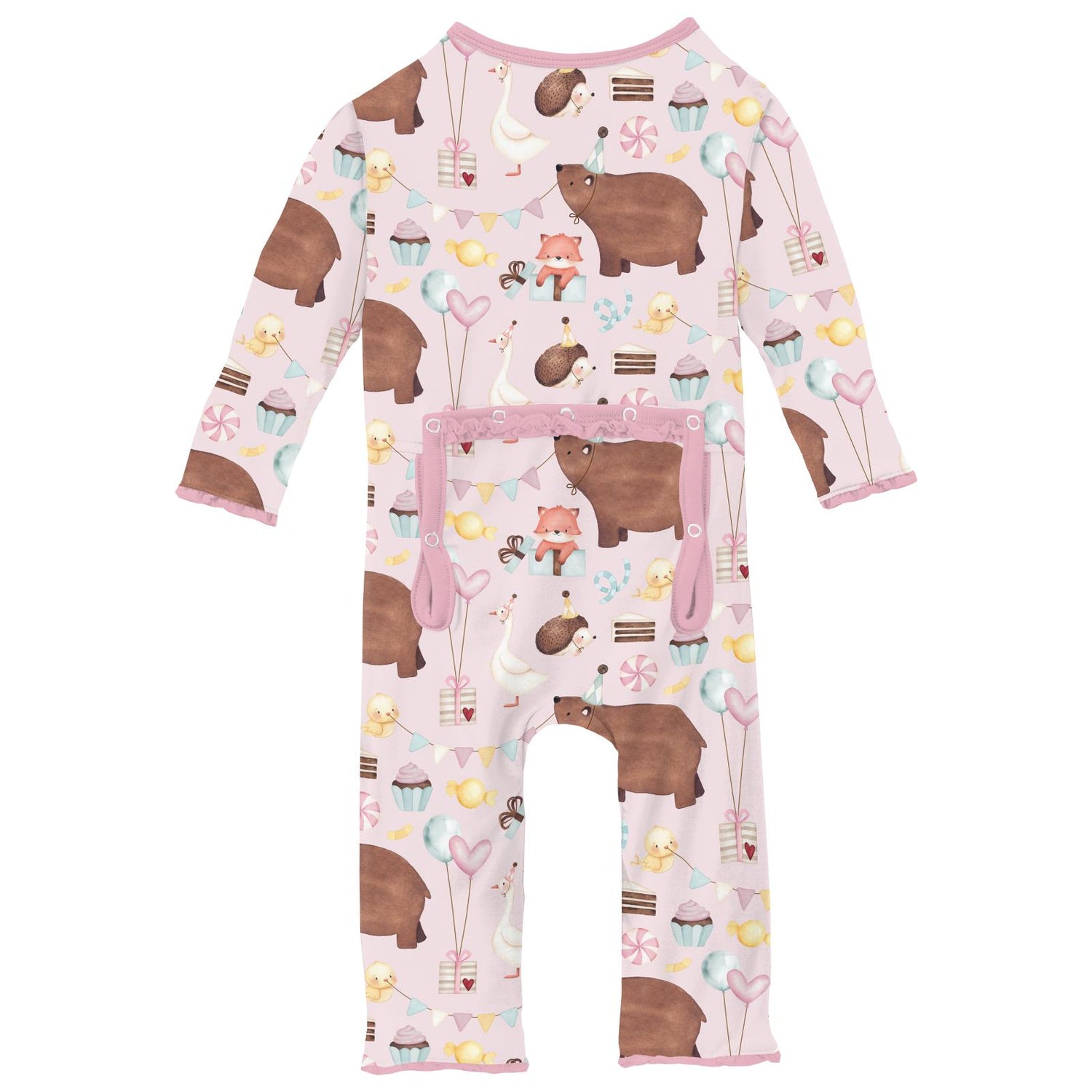 Print Muffin Ruffle Coverall with Snaps in Shrinking Violet Forest Party (320982)