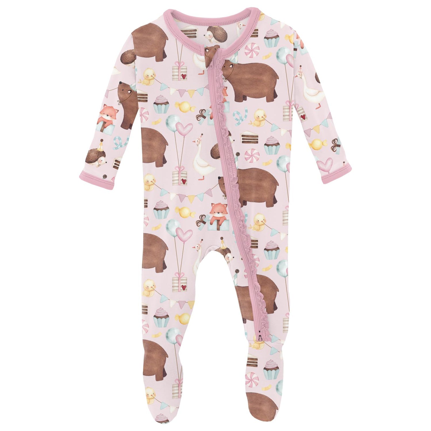 Print Muffin Ruffle Footie with 2 Way Zipper in Shrinking Violet Forest Party
