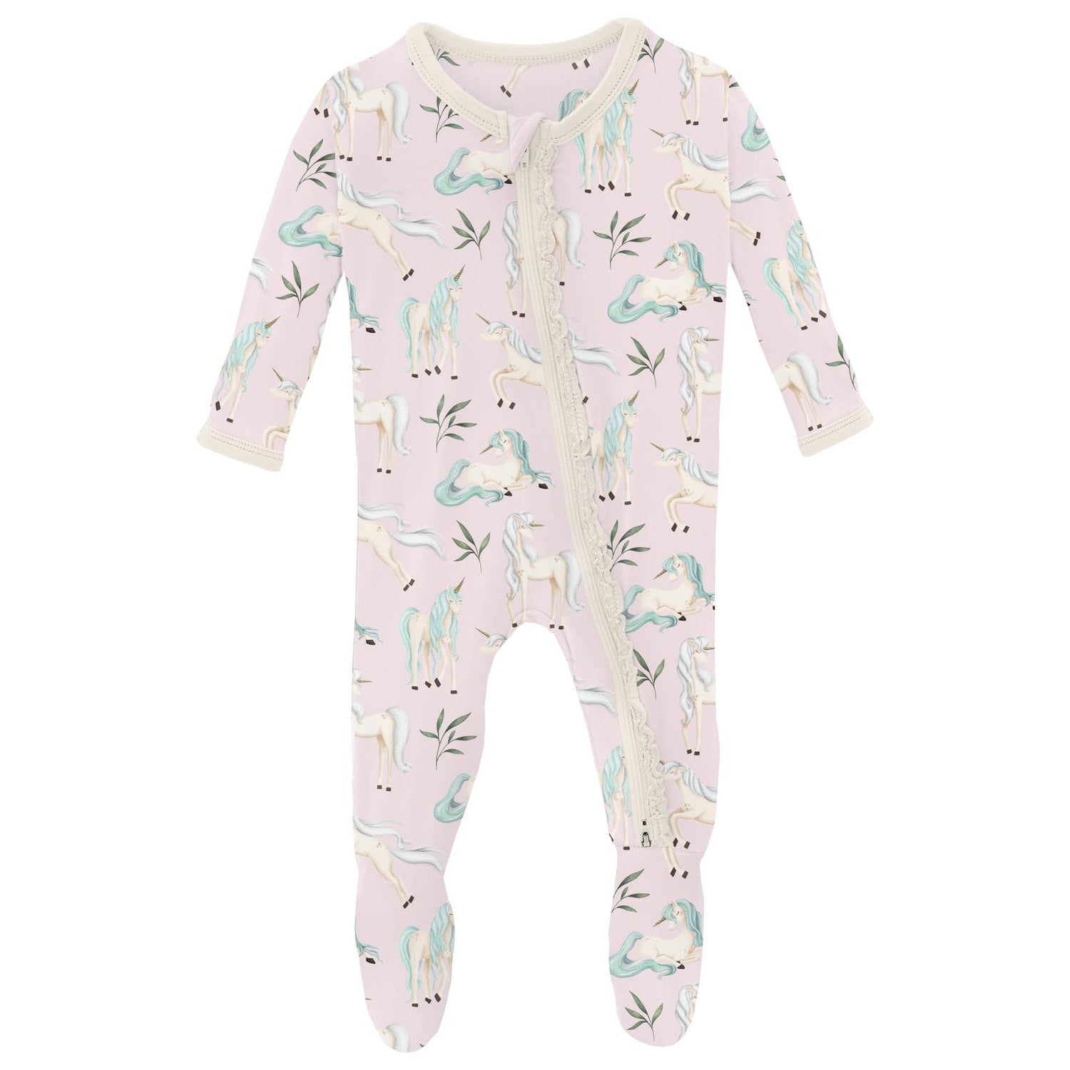 Print Muffin Ruffle Footie with 2 Way Zipper in Shrinking Violet Sleeping Unicorns