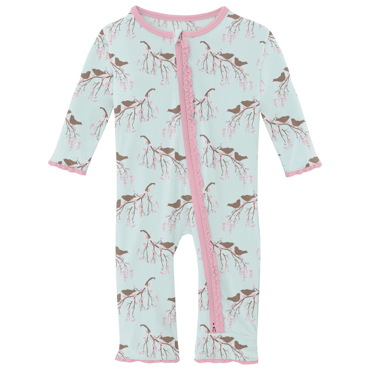Print Muffin Ruffle Coverall with 2 Way Zipper in Fresh Air Bird Branch (321027)