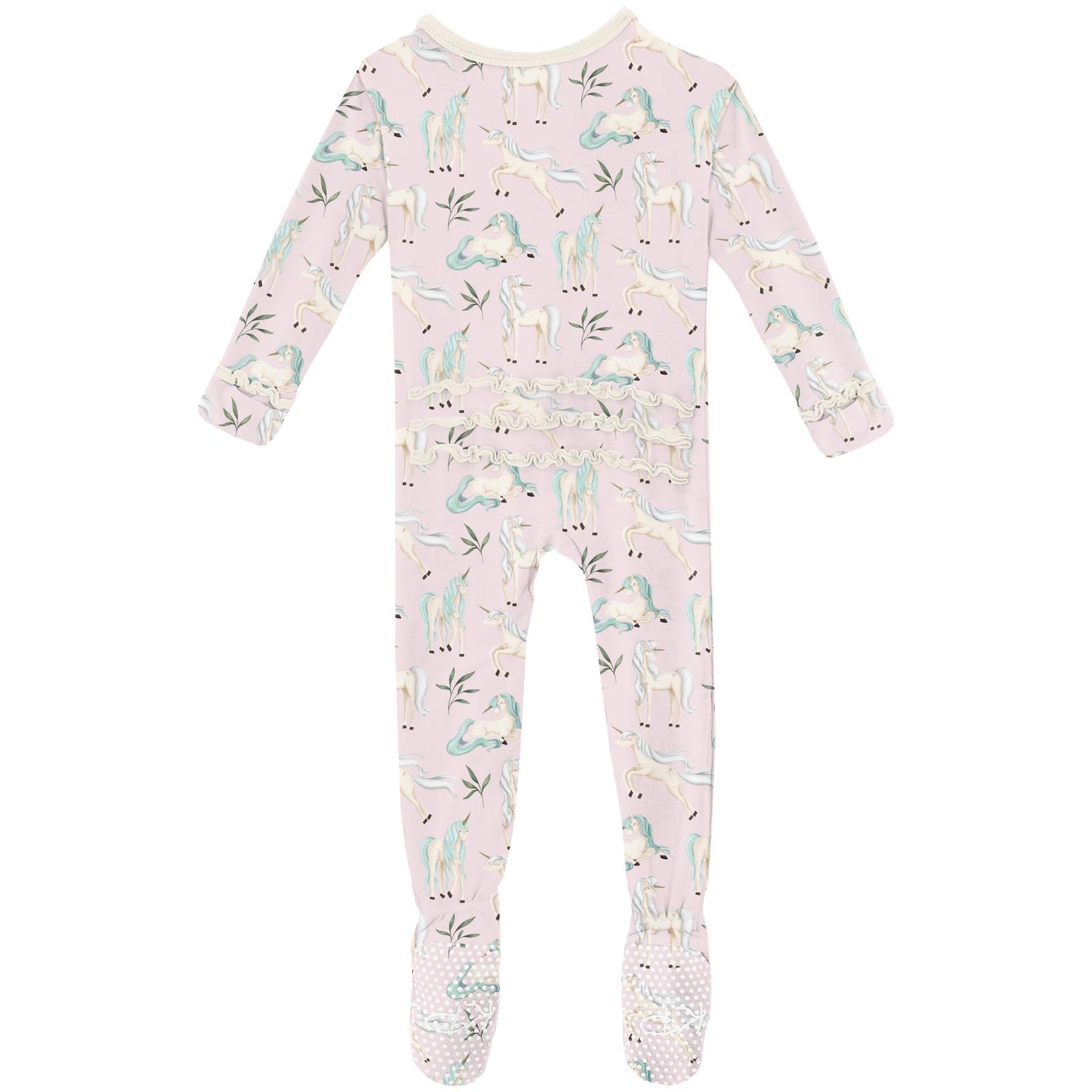 Print Muffin Ruffle Footie with 2 Way Zipper in Shrinking Violet Sleeping Unicorns (321222)