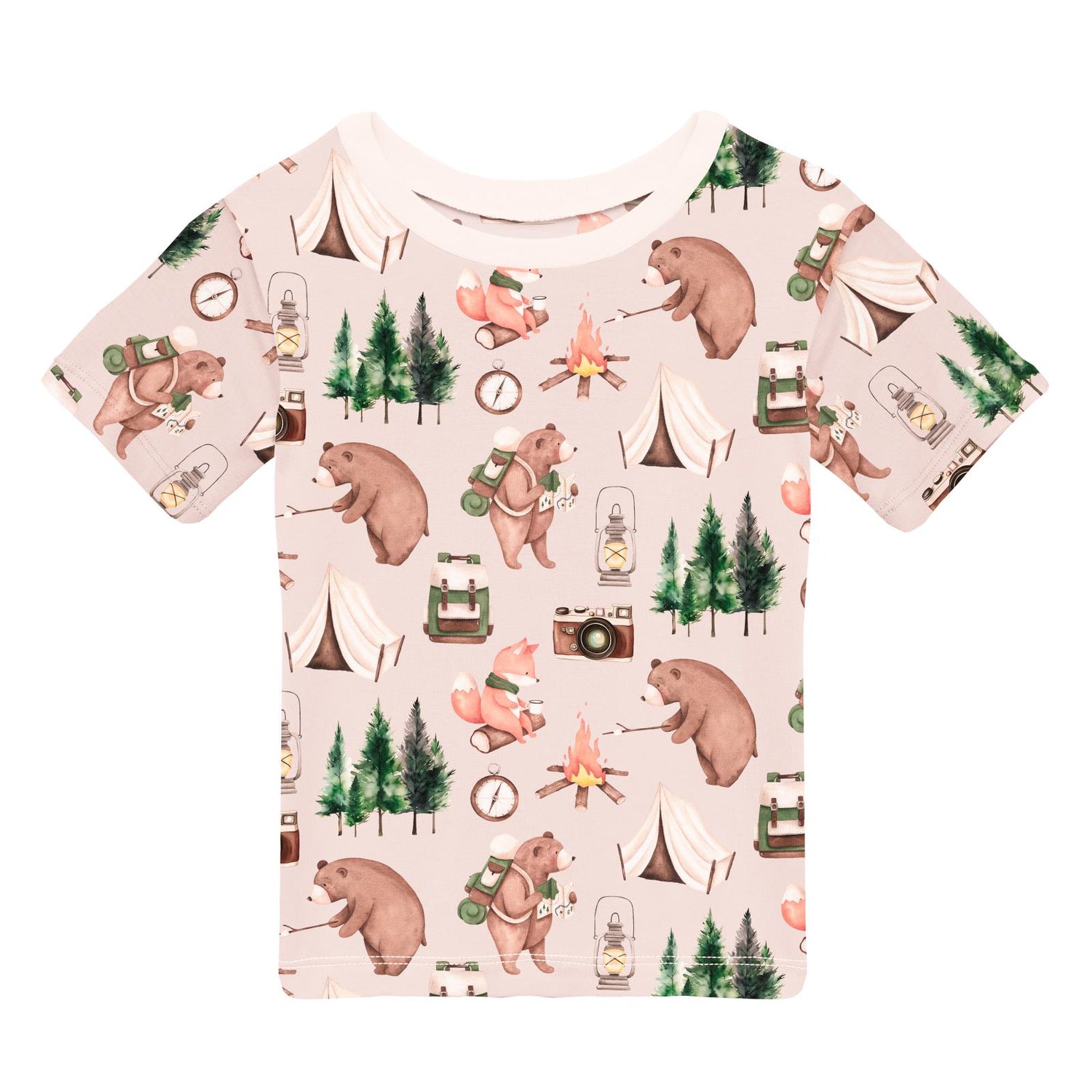 Print Short Sleeve Crew Neck Tee in Latte Camping Animals (360199)