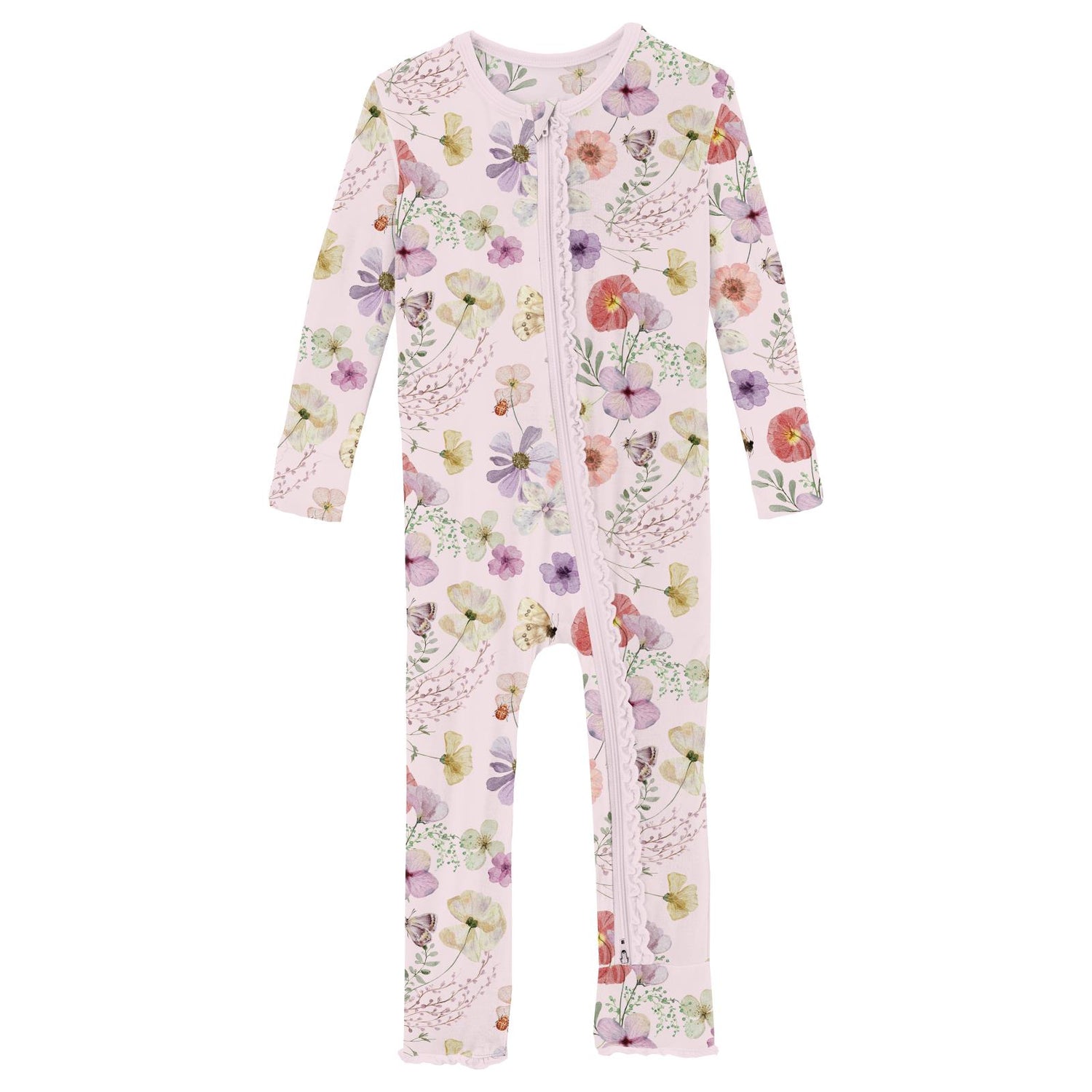 Print Muffin Ruffle Coverall with 2 Way Zipper in Shrinking Violet Pressed Flowers (320499)