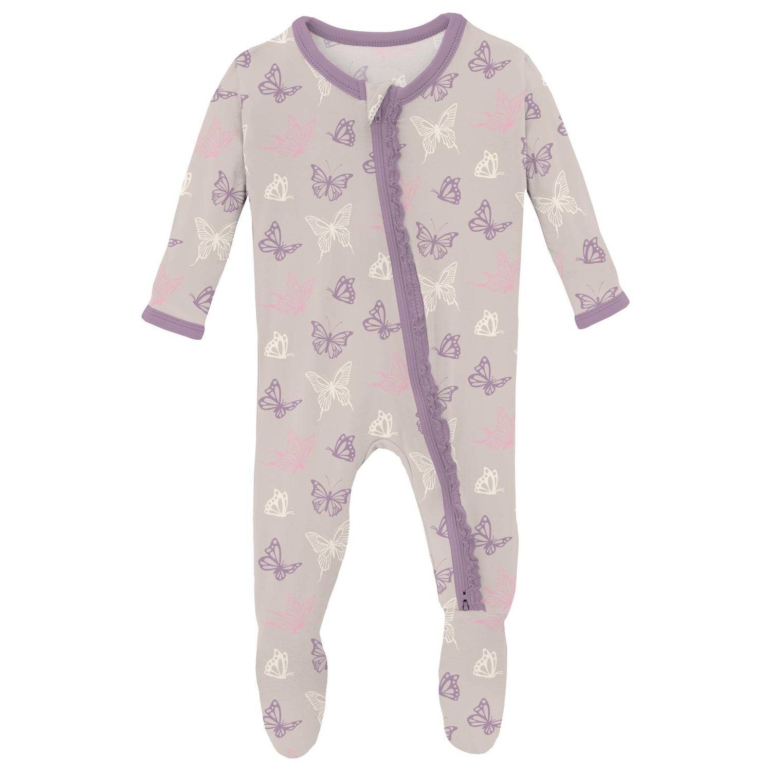 Print Muffin Ruffle Footie with 2 Way Zipper in Latte Butterflies