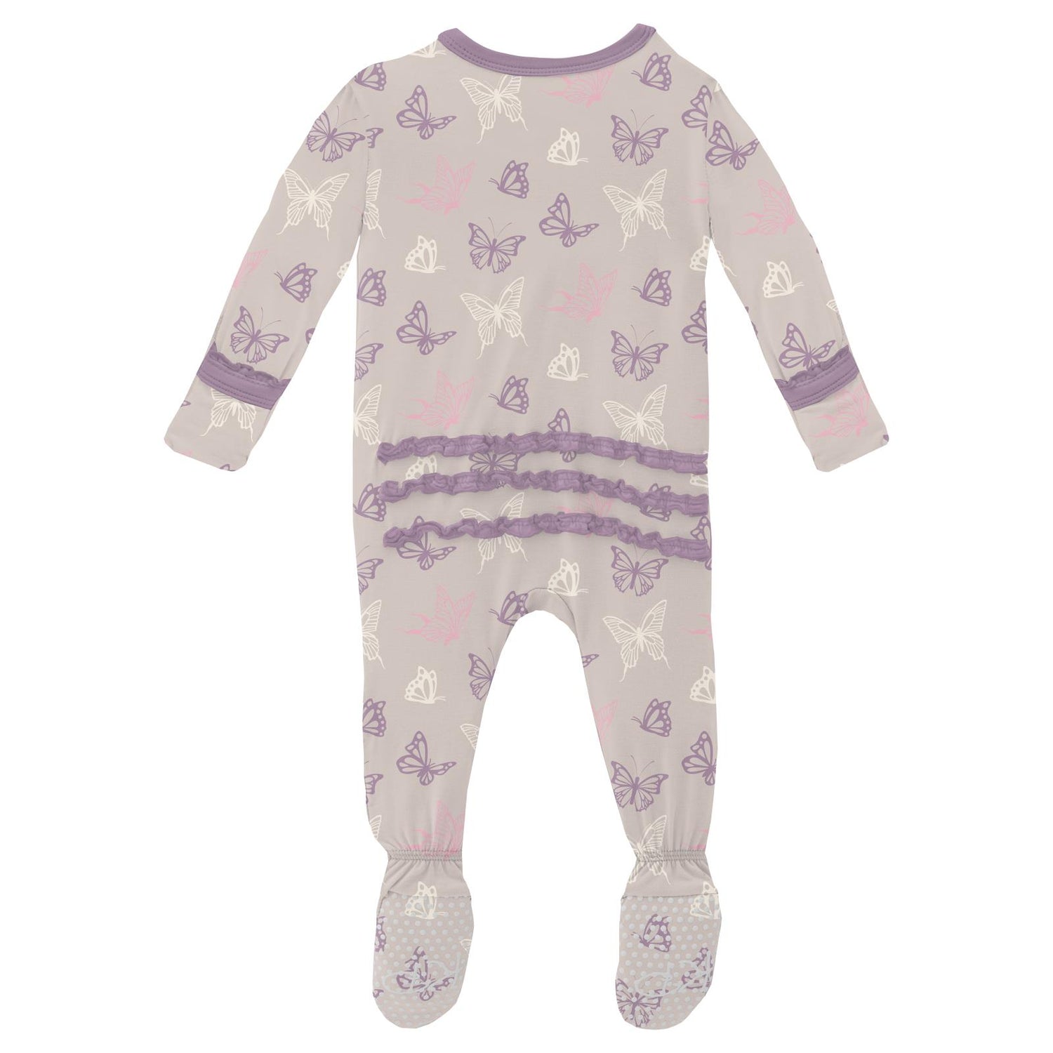 Print Muffin Ruffle Footie with 2 Way Zipper in Latte Butterflies