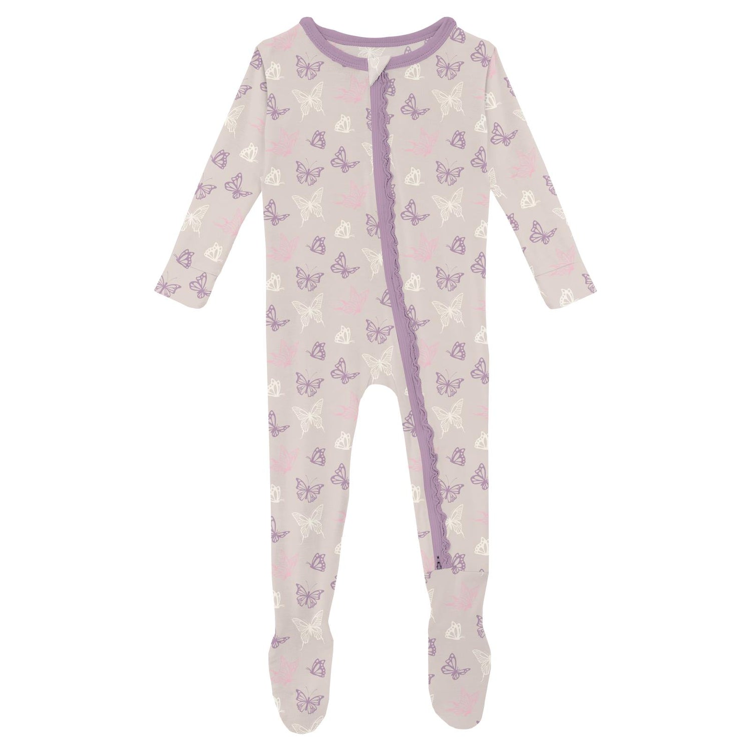 Print Muffin Ruffle Footie with 2 Way Zipper in Latte Butterflies (320876)