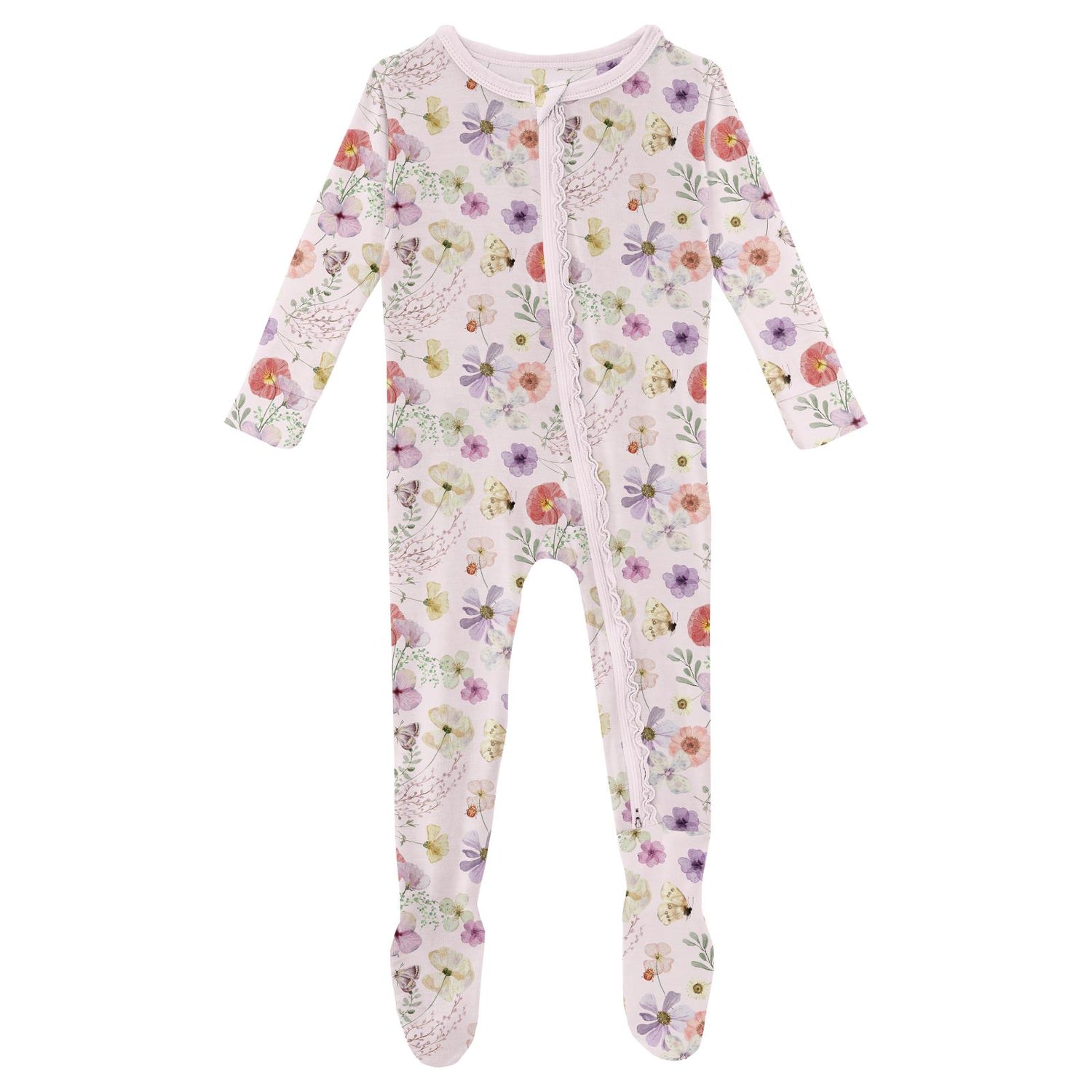Print Muffin Ruffle Footie with 2 Way Zipper in Shrinking Violet Pressed Flowers (321140)