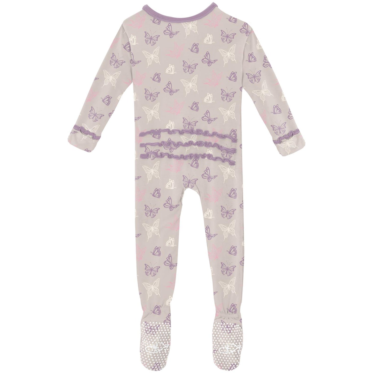Print Muffin Ruffle Footie with 2 Way Zipper in Latte Butterflies (321155)