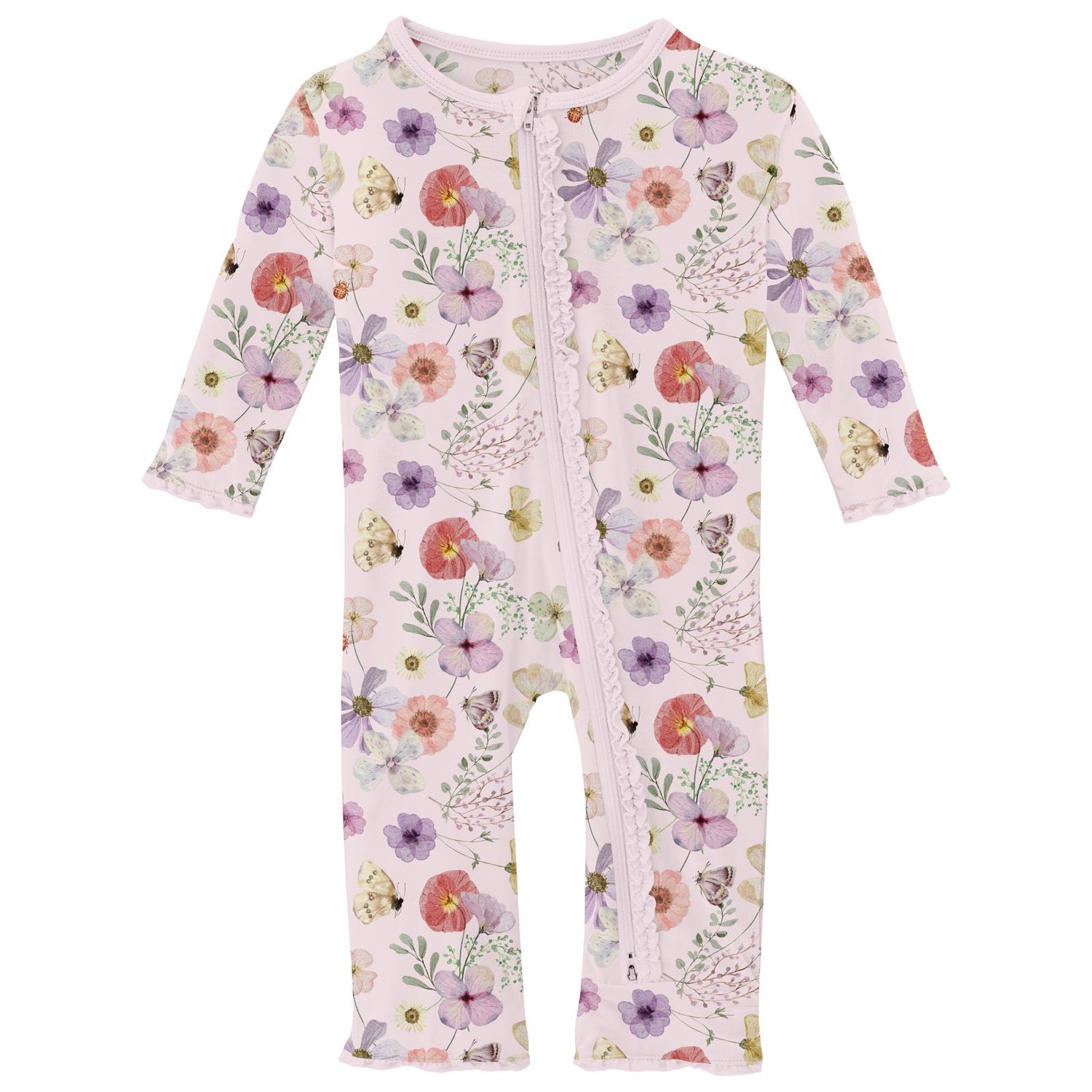 Print Muffin Ruffle Coverall with 2 Way Zipper in Shrinking Violet Pressed Flowers (321226)