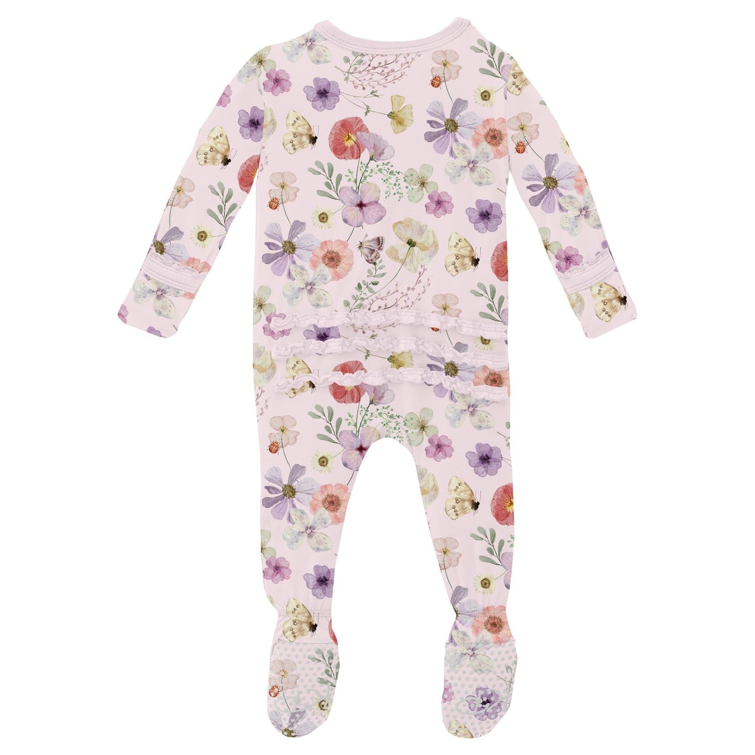 Print Muffin Ruffle Footie with 2 Way Zipper in Shrinking Violet Pressed Flowers