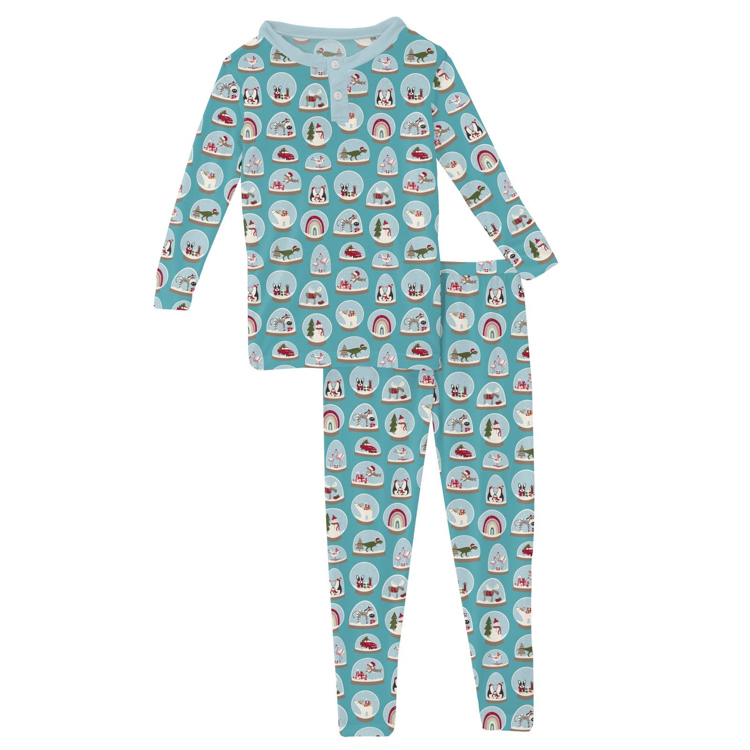 Print Long Sleeve Henley Pajama Set in Glacier Snow Globes (345530)
