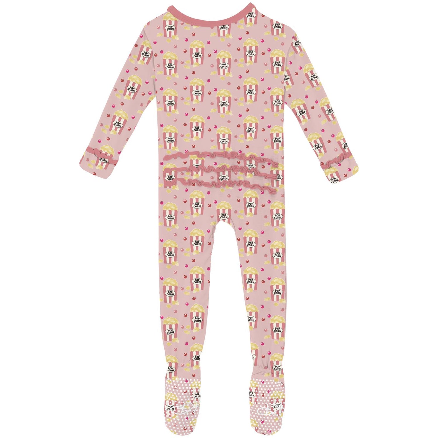 Print Muffin Ruffle Footie with 2 Way Zipper in Baby Rose Movie Night (352674)