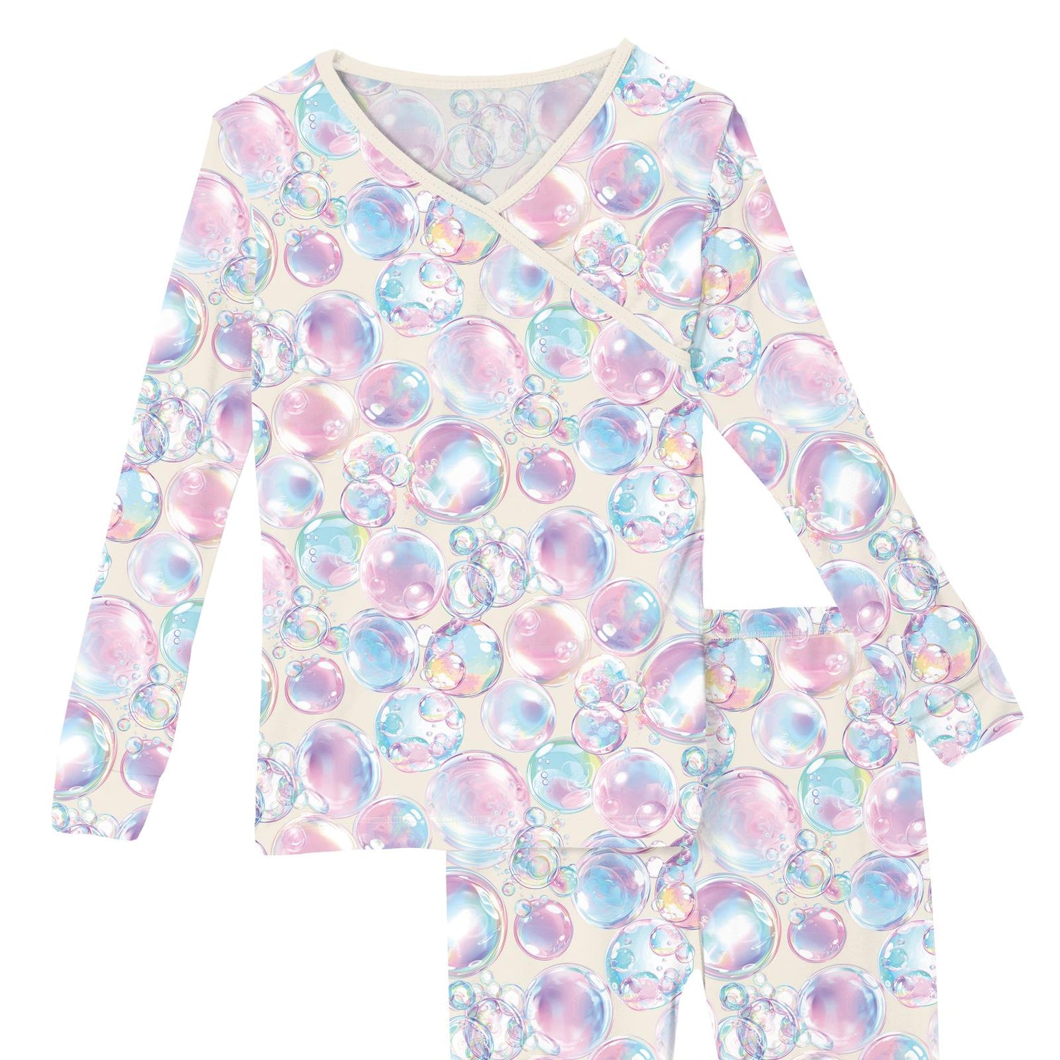 Print Long Sleeve Kimono Pajama Set in Natural Bubbles (373728)