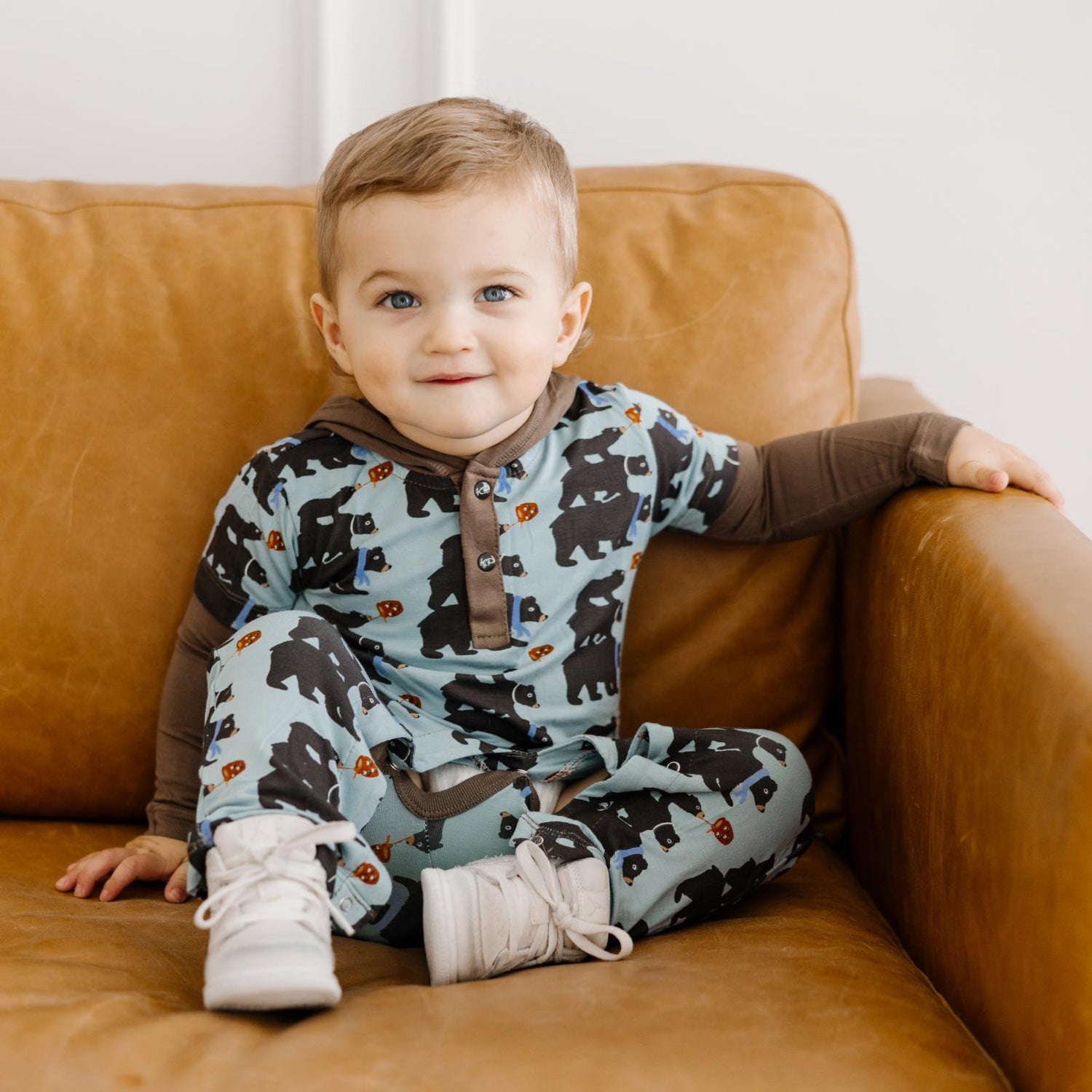 Print Long Sleeve Hoodie Romper in Stormy Sea Three Naughty Bears (291792)