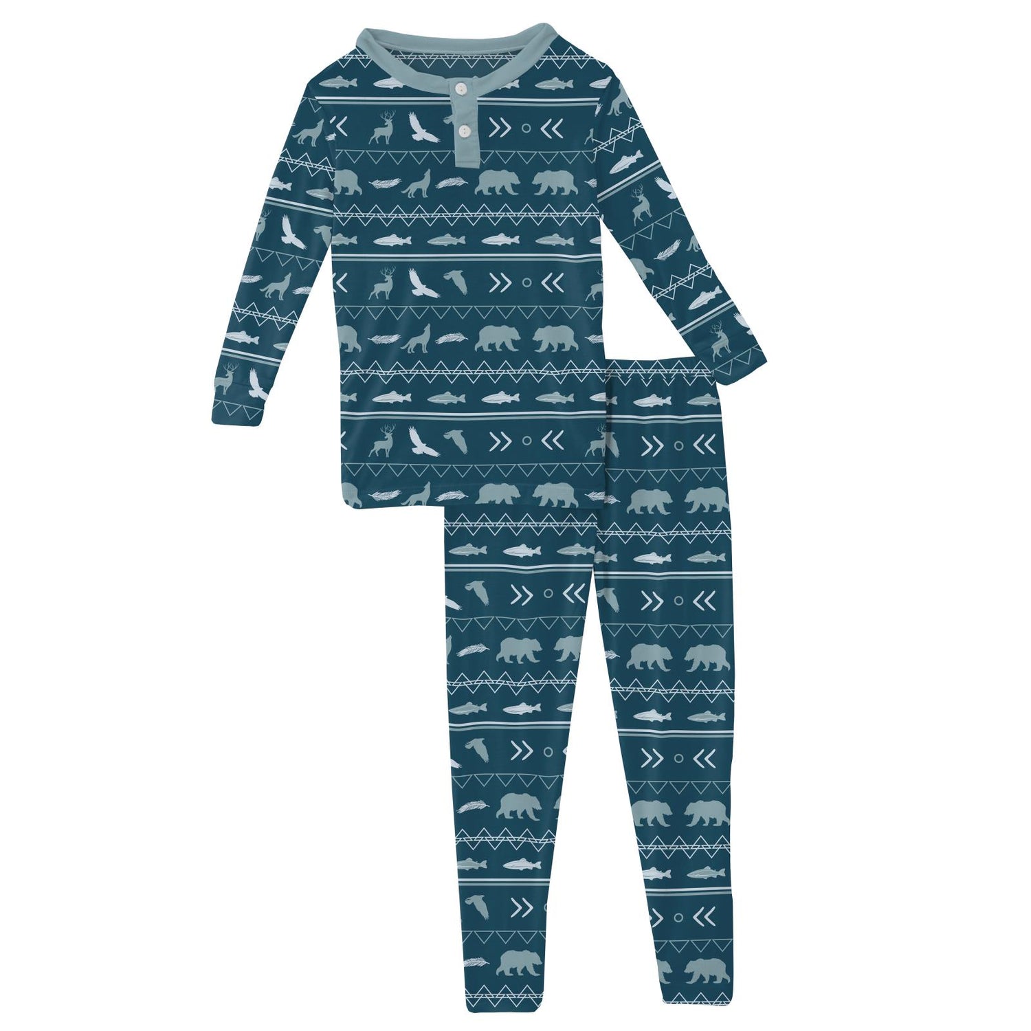 Print Long Sleeve Henley Pajama Set in Peacock Native Tribal Lore