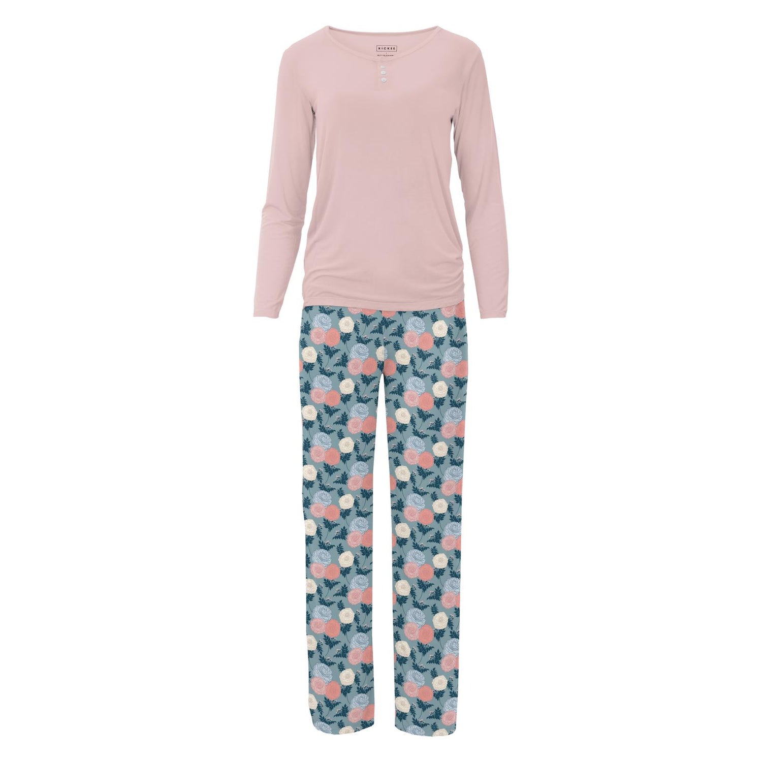 Women's Print Long Sleeve Henley Tee & Pajama Pants Set in Stormy Sea Enchanted Floral
