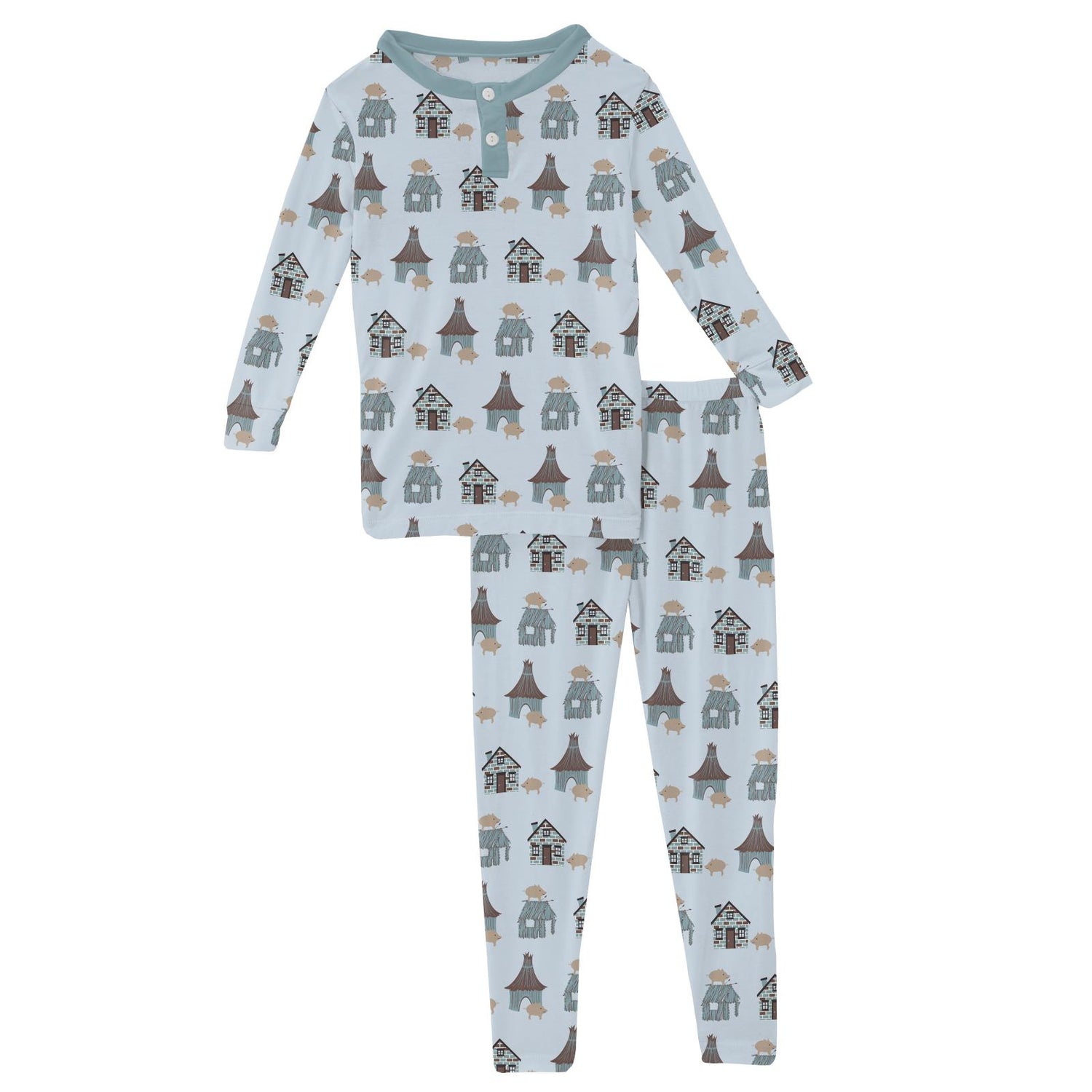 Print Long Sleeve Henley Pajama Set in Illusion Blue Three Little Pigs