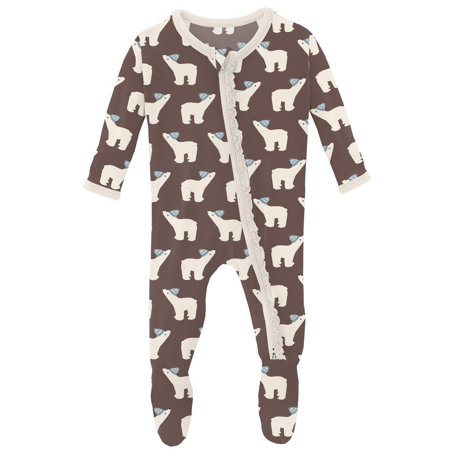 Print Muffin Ruffle Footie with 2 Way Zipper in Coffee Polar Bears