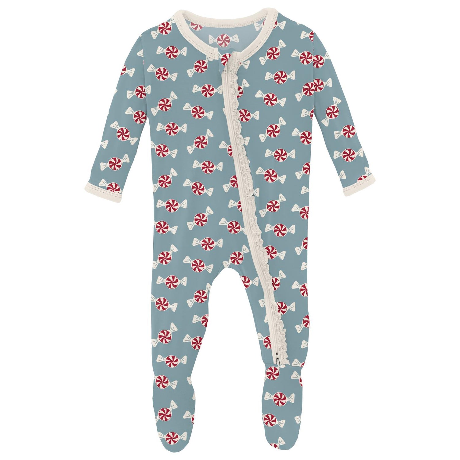 Print Muffin Ruffle Footie with 2 Way Zipper in Stormy Sea Peppermints