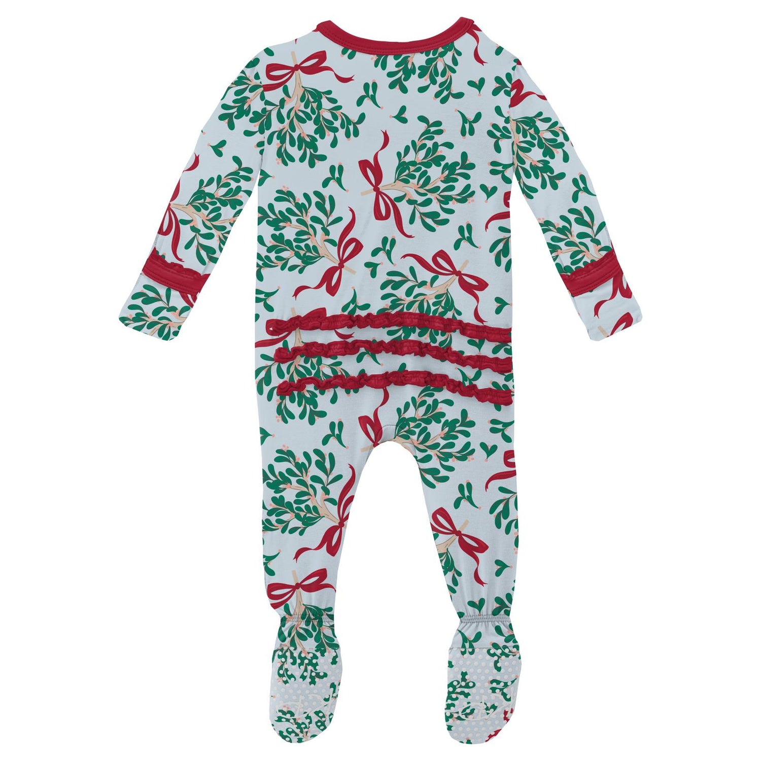 Print Muffin Ruffle Footie with Snaps in Illusion Blue Mistletoe & Ribbons