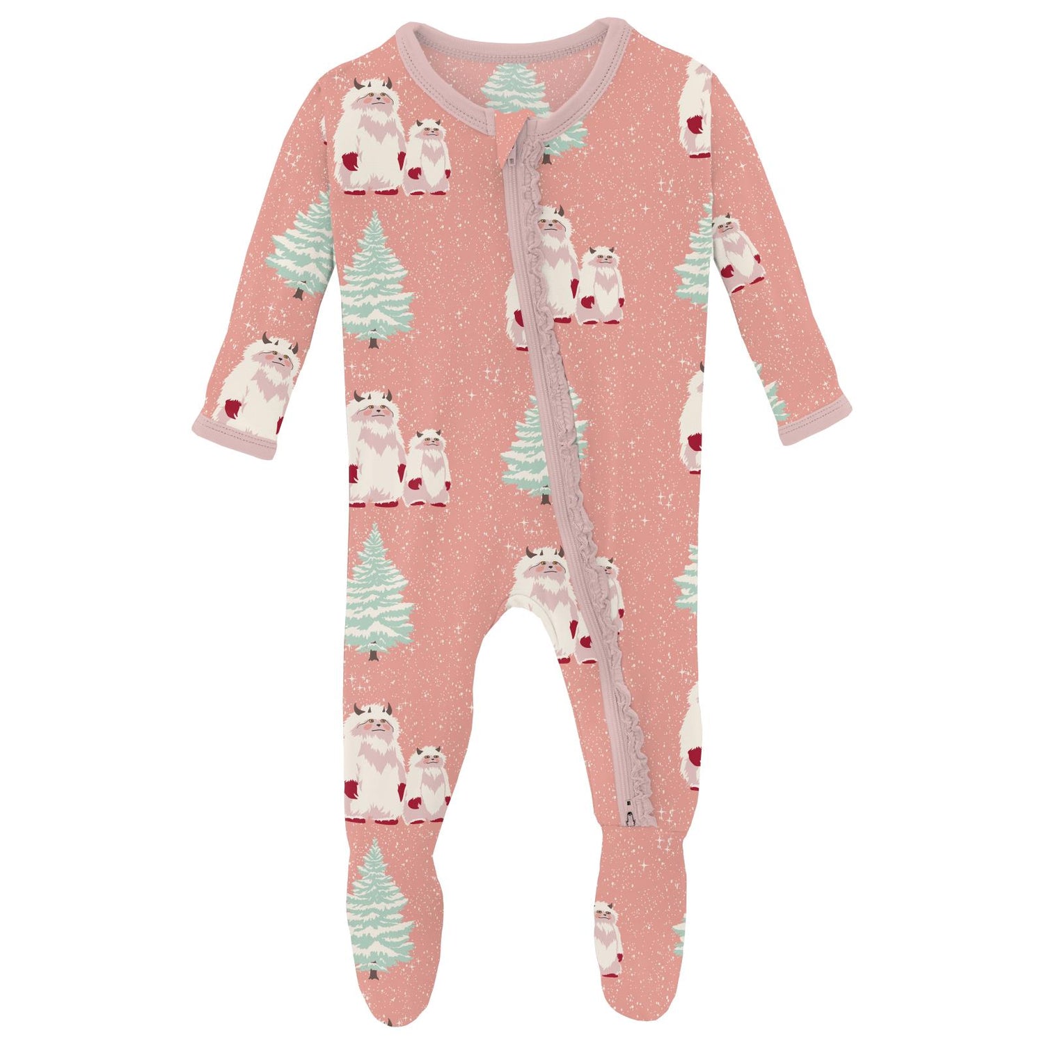 Print Muffin Ruffle Footie with 2 Way Zipper in Blush Yeti