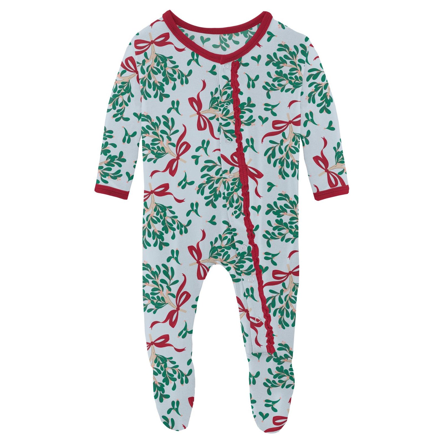 Print Muffin Ruffle Footie with Snaps in Illusion Blue Mistletoe & Ribbons