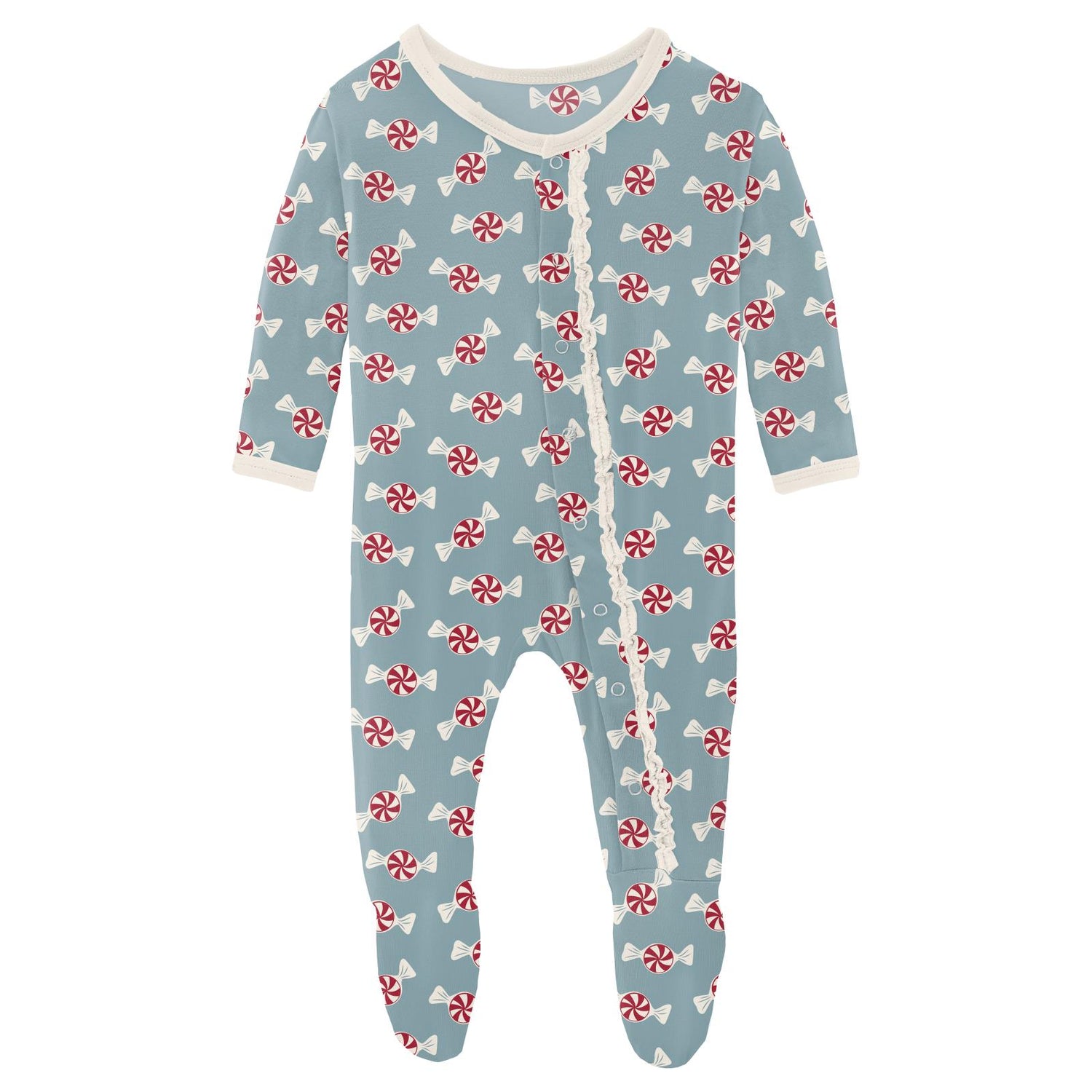 Print Muffin Ruffle Footie with Snaps in Stormy Sea Peppermints