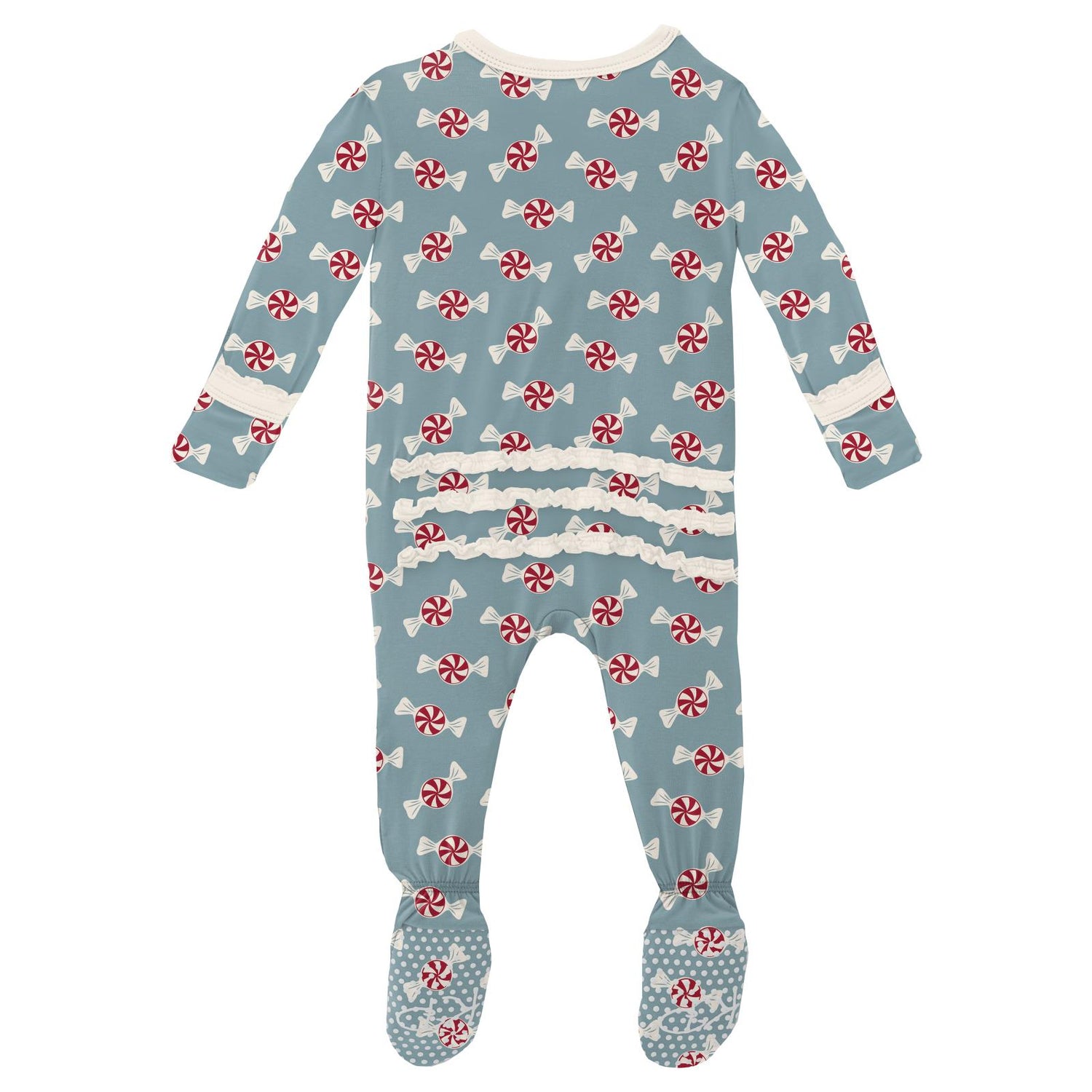 Print Muffin Ruffle Footie with Snaps in Stormy Sea Peppermints