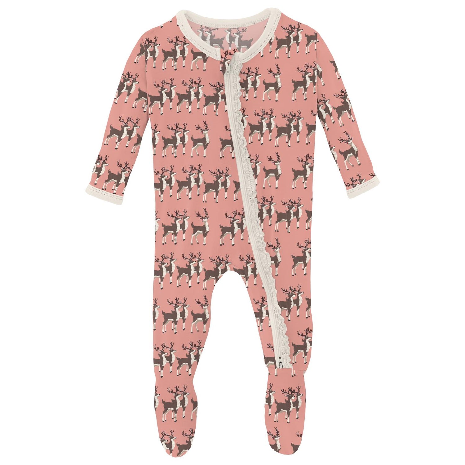 Print Muffin Ruffle Footie with 2 Way Zipper in Blush Rudolph