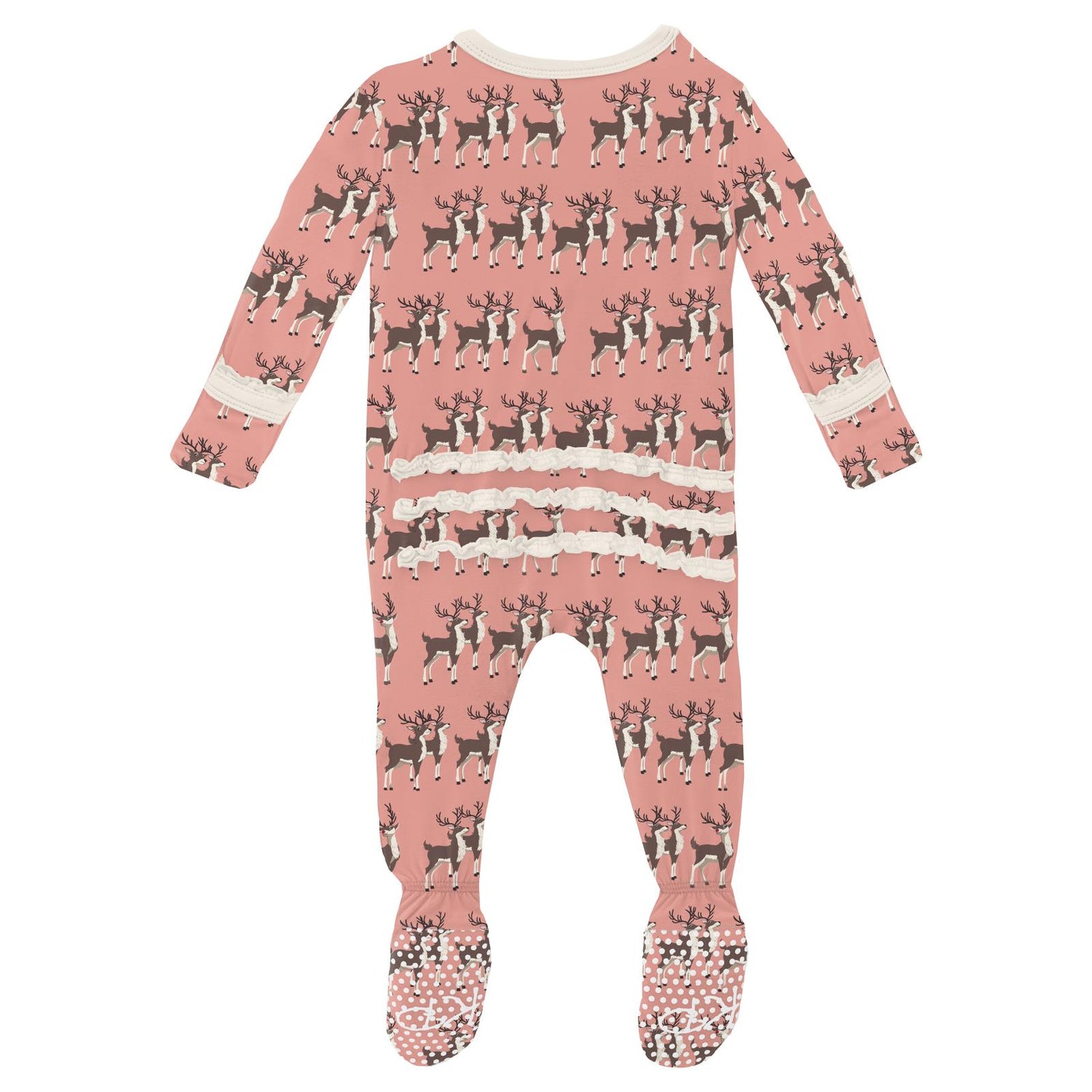 Print Muffin Ruffle Footie with 2 Way Zipper in Blush Rudolph