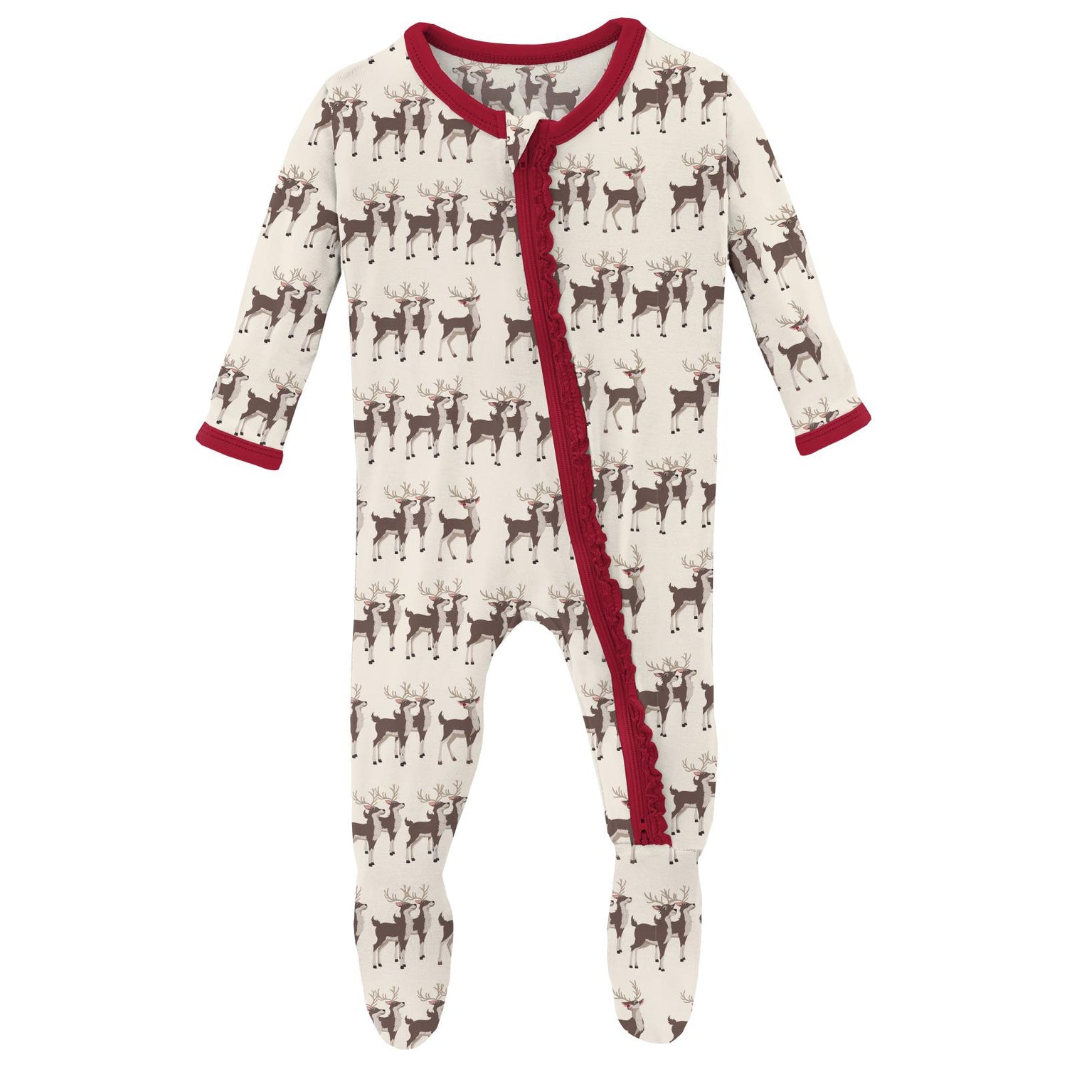 Print Muffin Ruffle Footie with 2 Way Zipper in Natural Rudolph