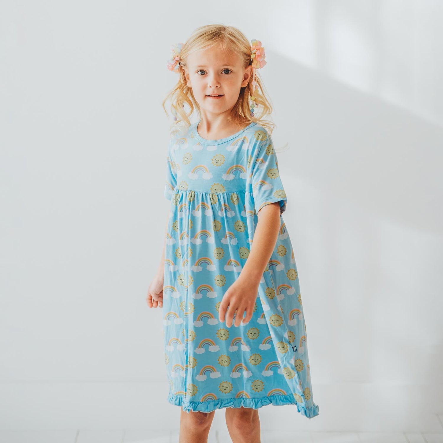Print Short Sleeve Swing Dress in Sunshine and Rainbows (359346)