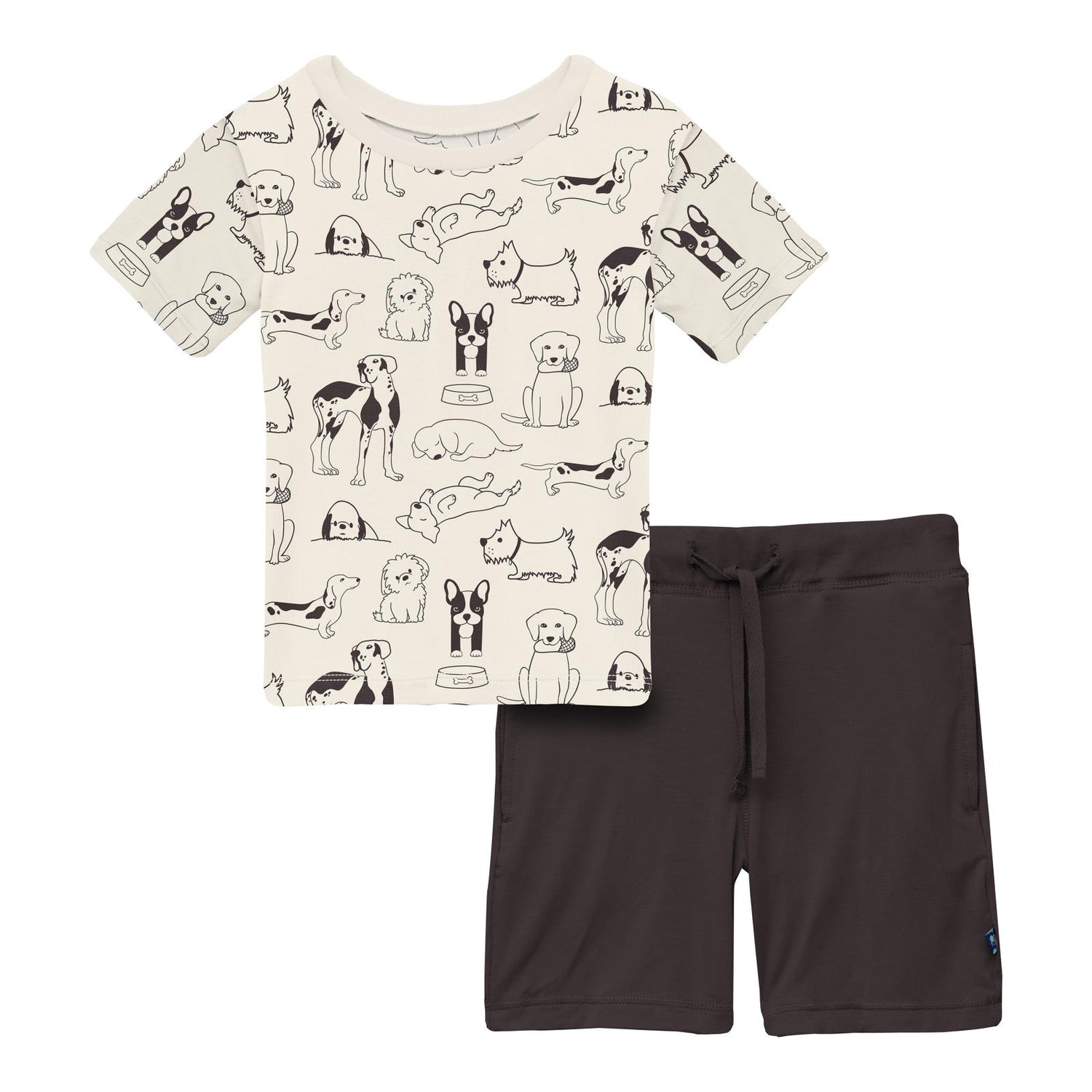 Print Short Sleeve Crew Neck Tee and Lightweight Drawstring Shorts Set in Natural Dogs (359371)
