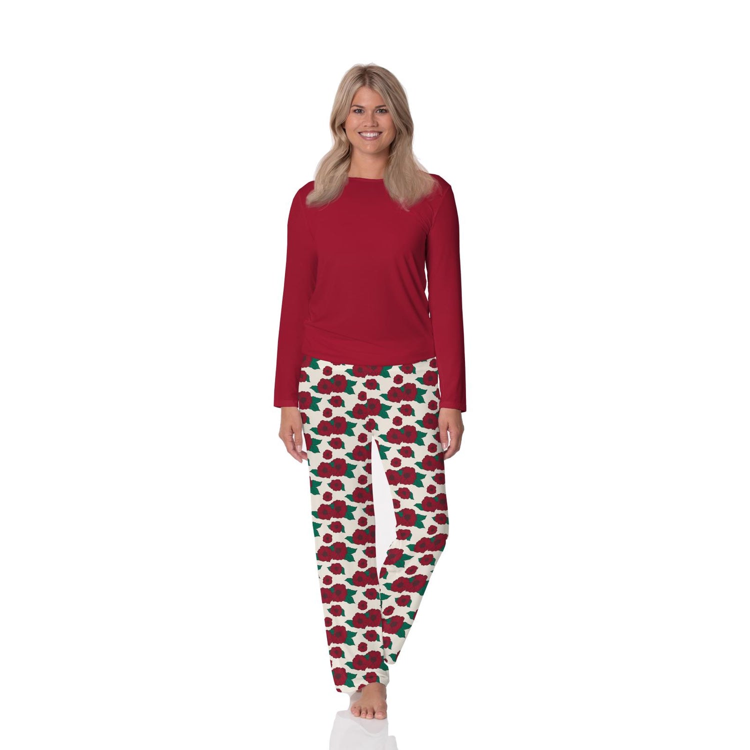Women's Print Long Sleeve Relaxed Tee & Pajama Pants Set in Holiday Poppies