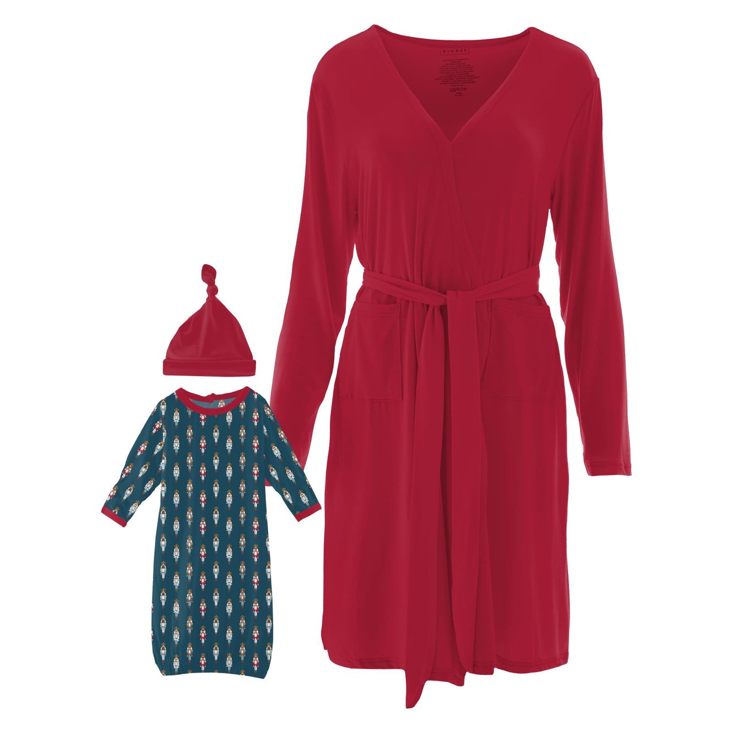 Women's Print Mid Length Lounge Robe & Layette Gown Set in Peacock Nutcrackers