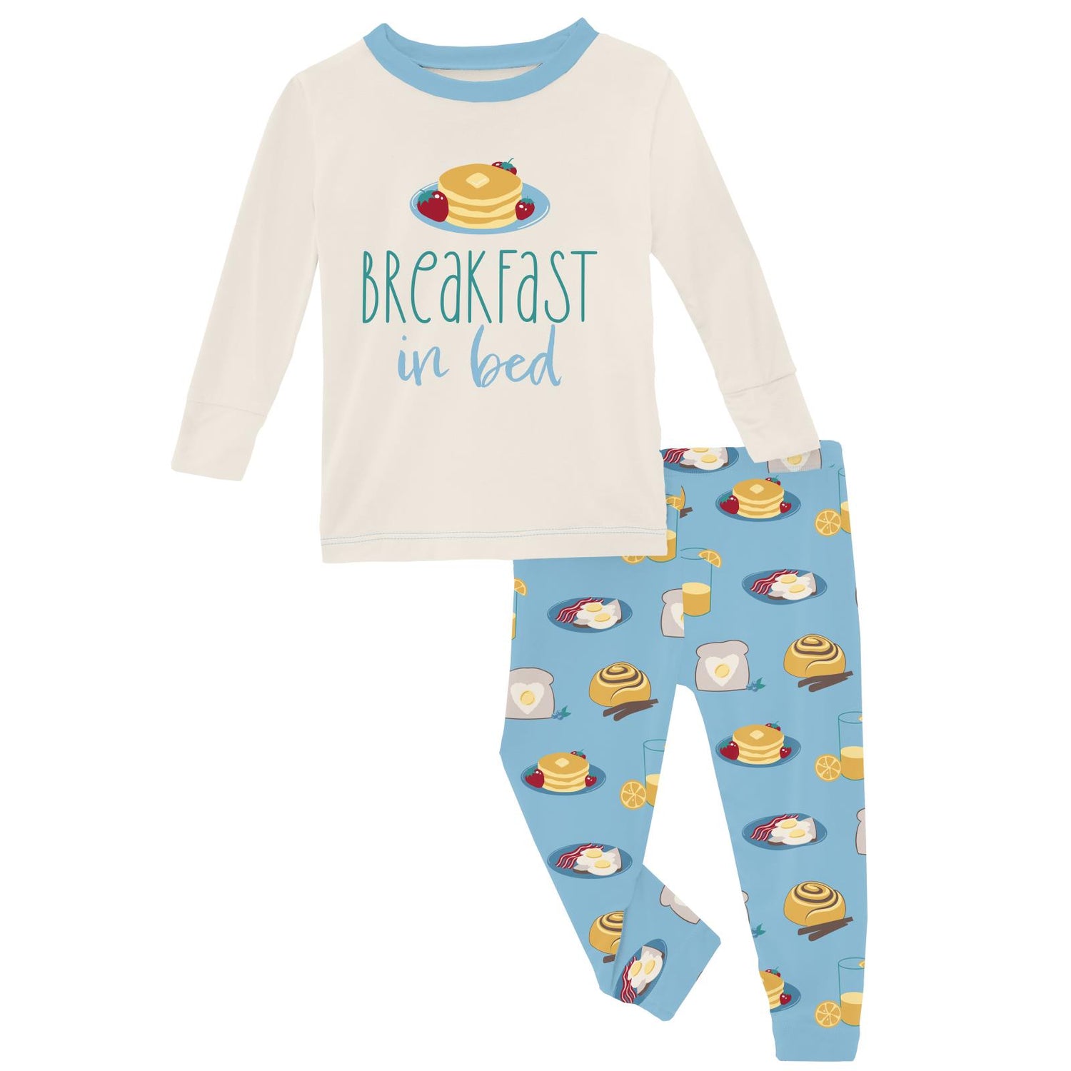 Long Sleeve Graphic Tee Pajama Set in Seaside Blue Breakfast in Bed (316533)